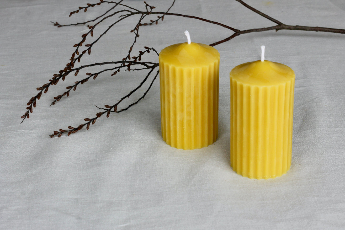 Pure beeswax fluted pillar candles, Candles made from 100% pure beeswax sourced from small-scale London beekeepers