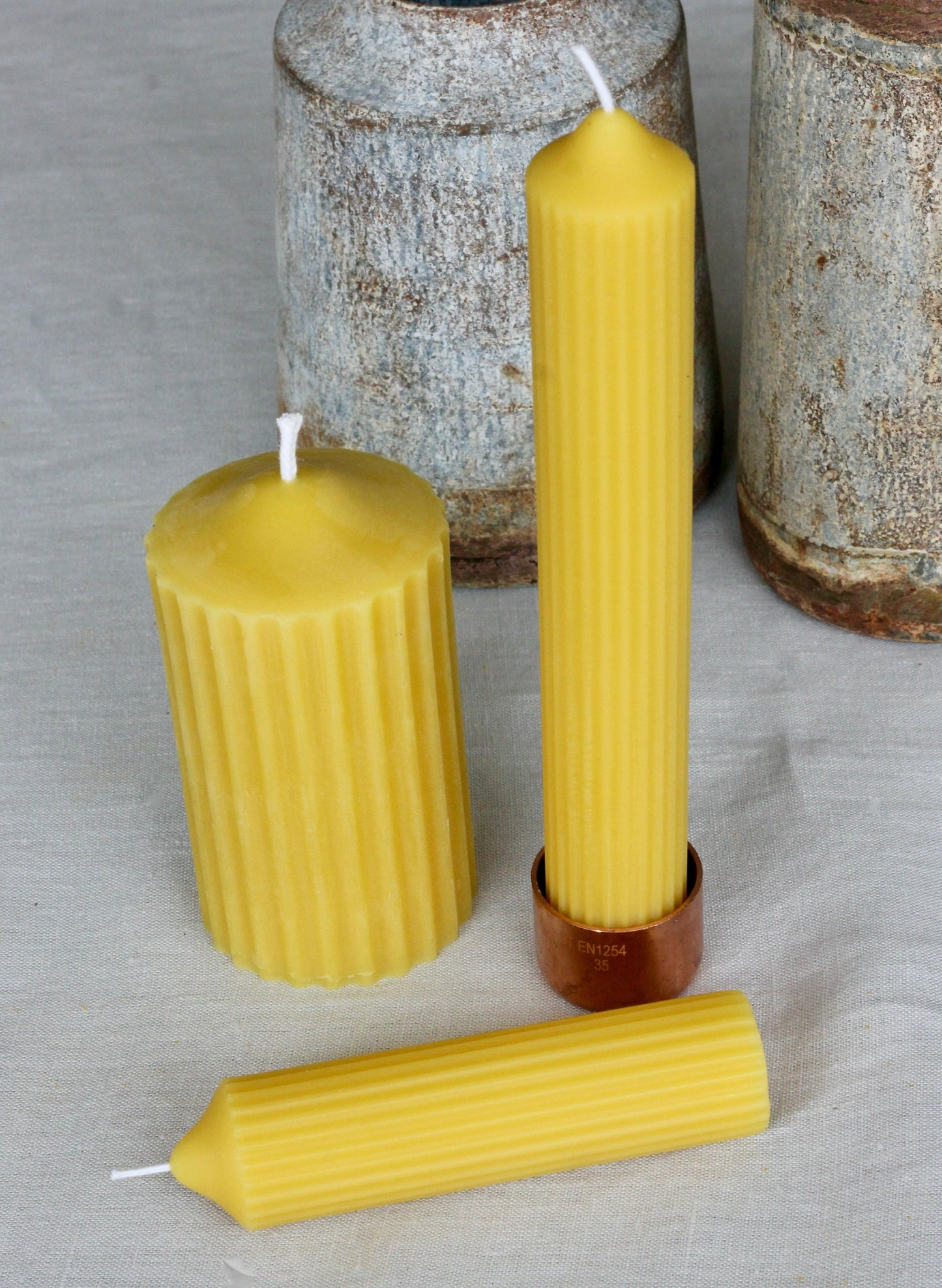 Pure beeswax fluted pillar candles, Candles made from 100% pure beeswax sourced from small-scale London beekeepers