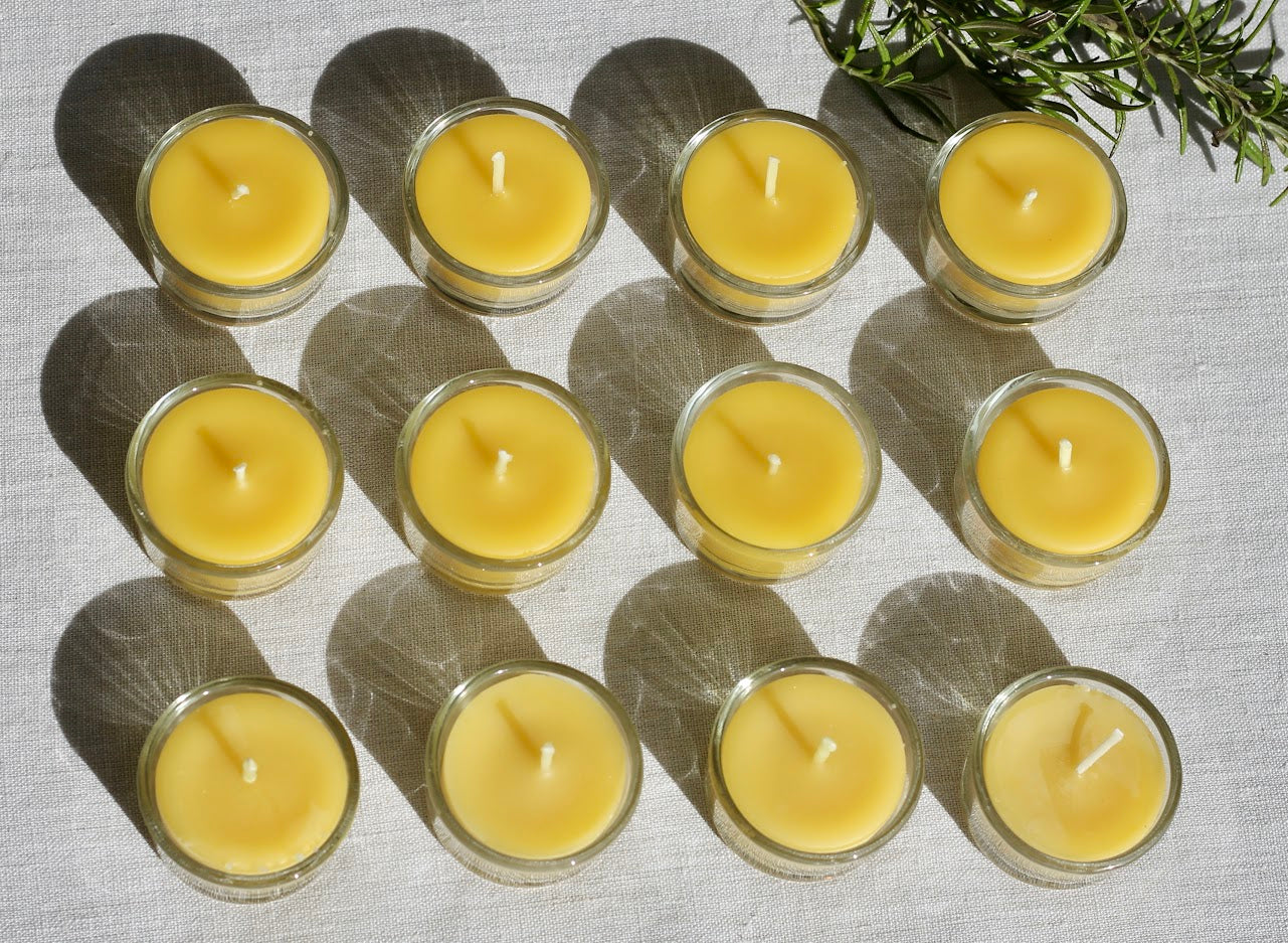 Pure beeswax tealight in glass holder, Zero waste refills, Candles made from 100% pure beeswax sourced from small-scale London beekeepers, Sustainable candle light