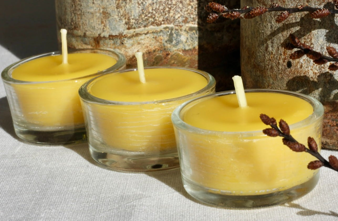 Pure beeswax tealight in glass holder, Zero waste refills, Candles made from 100% pure beeswax sourced from small-scale London beekeepers, Sustainable candle light