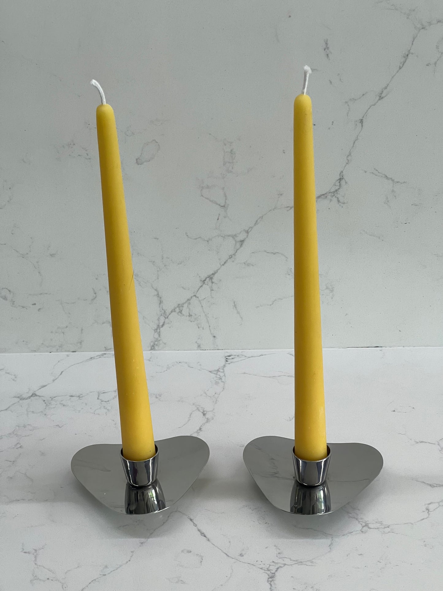A stunning pair of stainless steel mid-century modern candlestick holders by Robert Welch for Old Hall from 1958. Vintage candlestick holders with 2 matching pure London beeswax candles. Dinner candle gift set. Eco beeswax candle gift. Unique gift set