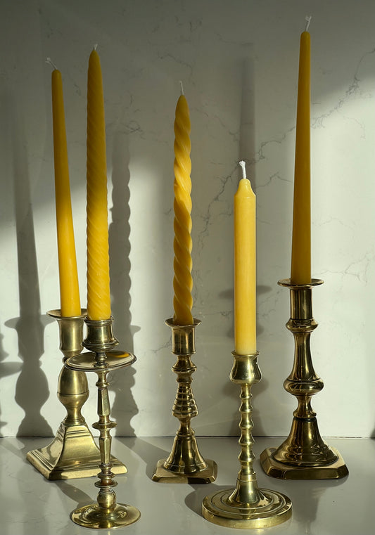 Five beautiful, unique antique candlestick holders with a matching pure London beeswax candle. Vintage brass candlestick gift. Dinner candle gift set. Eco beeswax candle gift. Unique gift set. Victorian ornate candle holder.