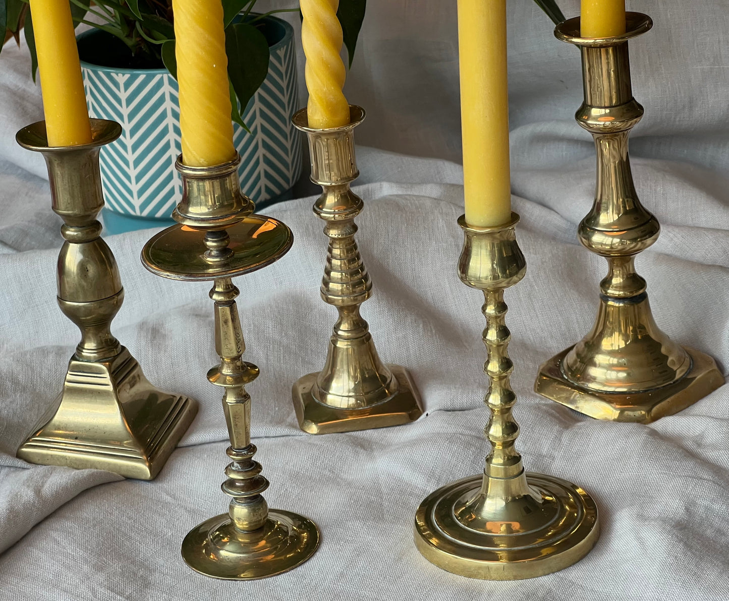 Five beautiful, unique antique candlestick holders with a matching pure London beeswax candle. Vintage brass candlestick gift. Dinner candle gift set. Eco beeswax candle gift. Unique gift set. Victorian ornate candle holder.