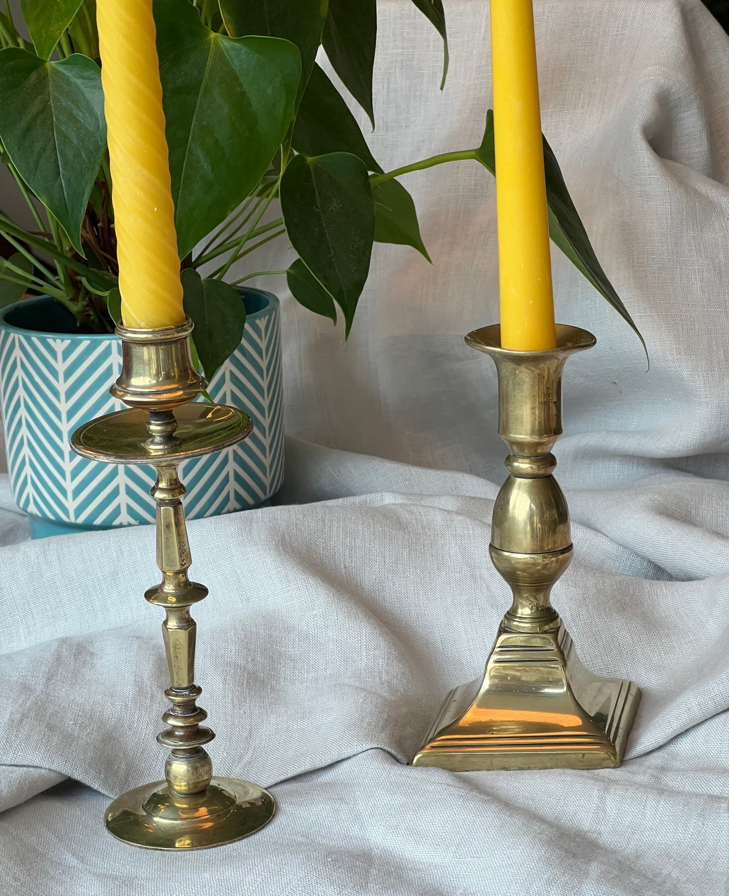 Five beautiful, unique antique candlestick holders with a matching pure London beeswax candle. Vintage brass candlestick gift. Dinner candle gift set. Eco beeswax candle gift. Unique gift set. Victorian ornate candle holder.
