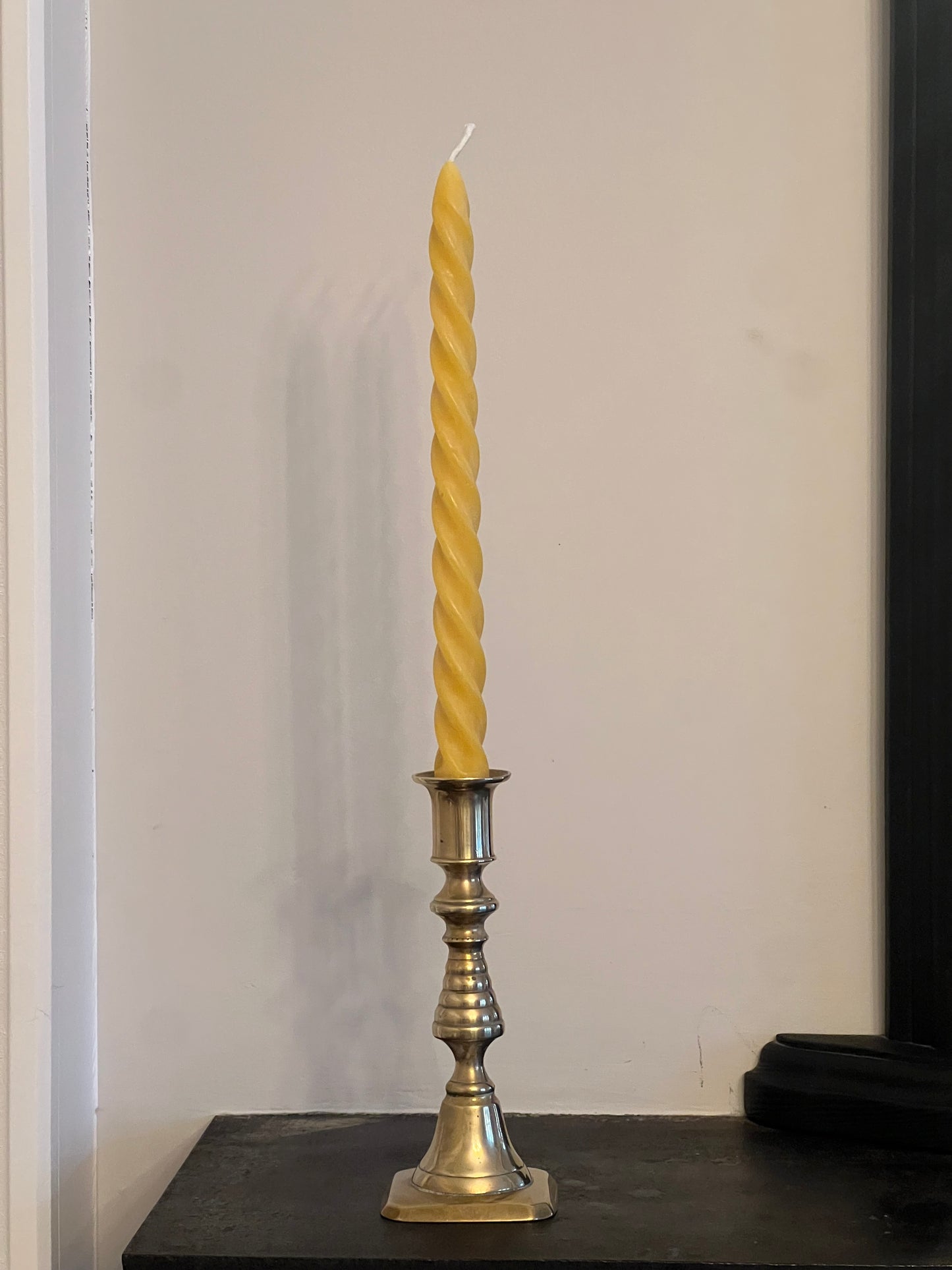 Five beautiful, unique antique candlestick holders with a matching pure London beeswax candle. Vintage brass candlestick gift. Dinner candle gift set. Eco beeswax candle gift. Unique gift set. Victorian ornate candle holder.