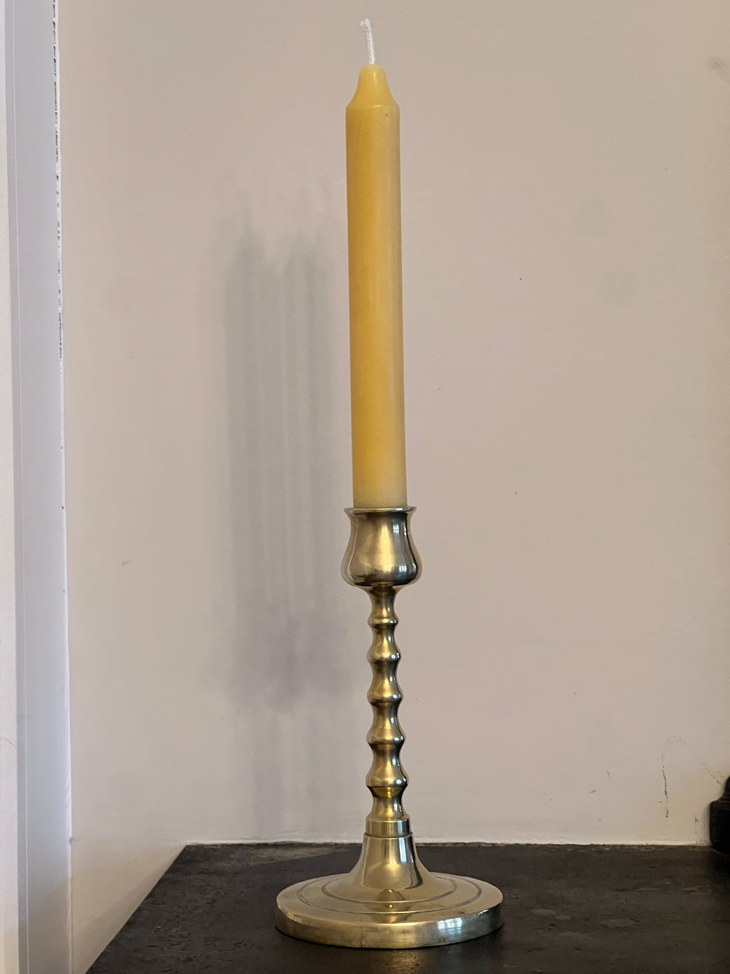 Five beautiful, unique antique candlestick holders with a matching pure London beeswax candle. Vintage brass candlestick gift. Dinner candle gift set. Eco beeswax candle gift. Unique gift set. Victorian ornate candle holder.