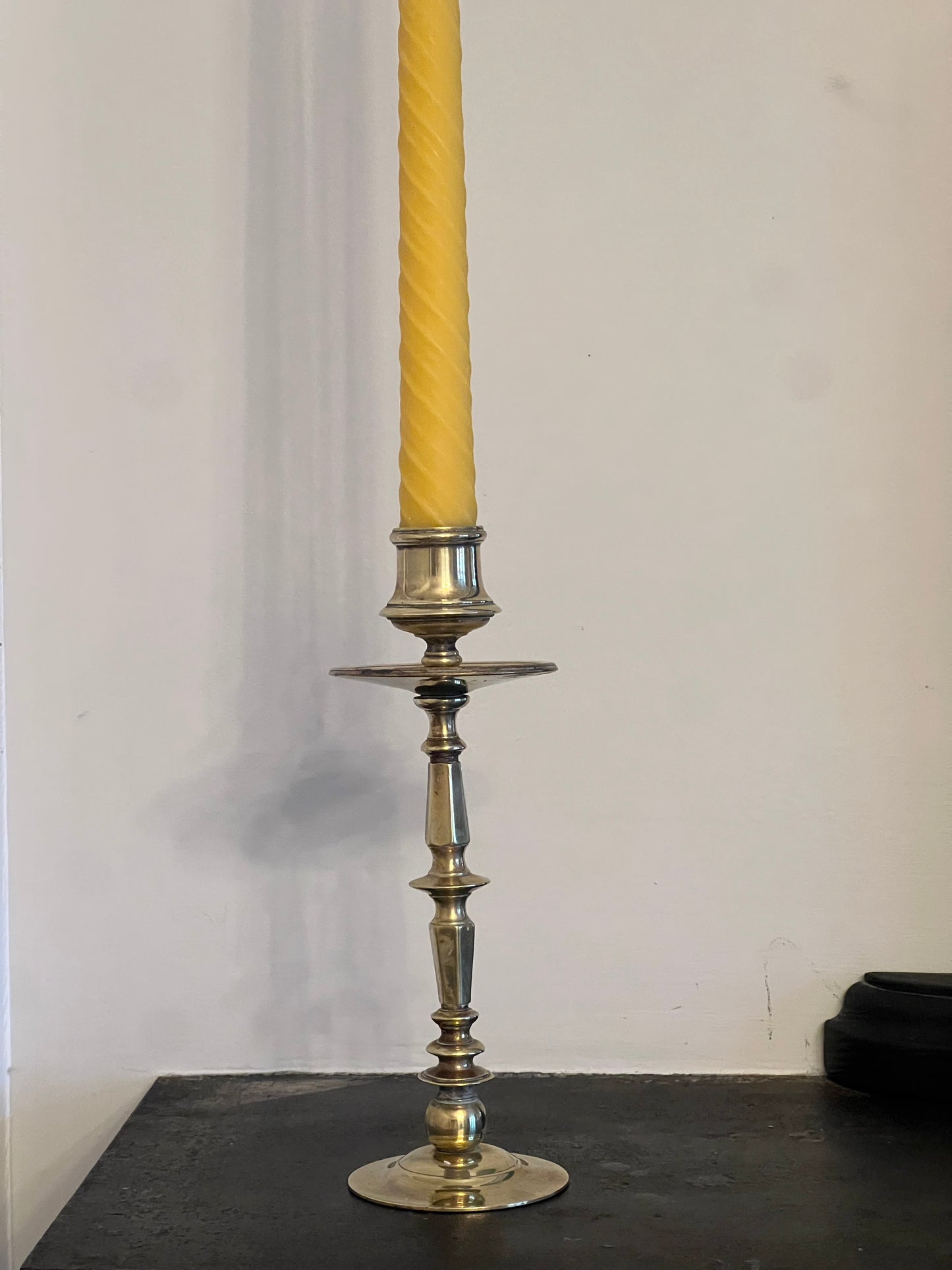 Five beautiful, unique antique candlestick holders with a matching pure London beeswax candle. Vintage brass candlestick gift. Dinner candle gift set. Eco beeswax candle gift. Unique gift set. Victorian ornate candle holder.