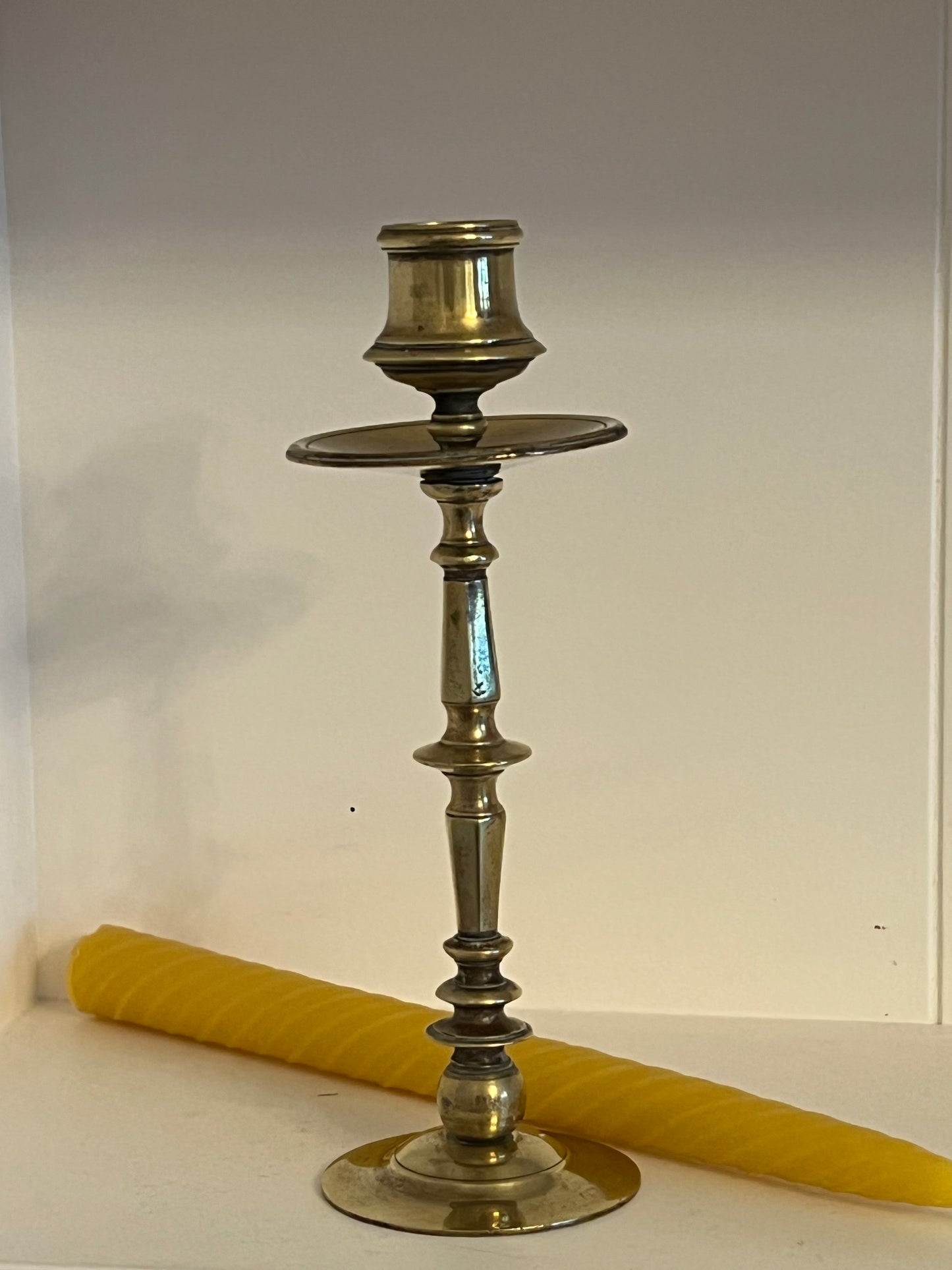 Five beautiful, unique antique candlestick holders with a matching pure London beeswax candle. Vintage brass candlestick gift. Dinner candle gift set. Eco beeswax candle gift. Unique gift set. Victorian ornate candle holder.