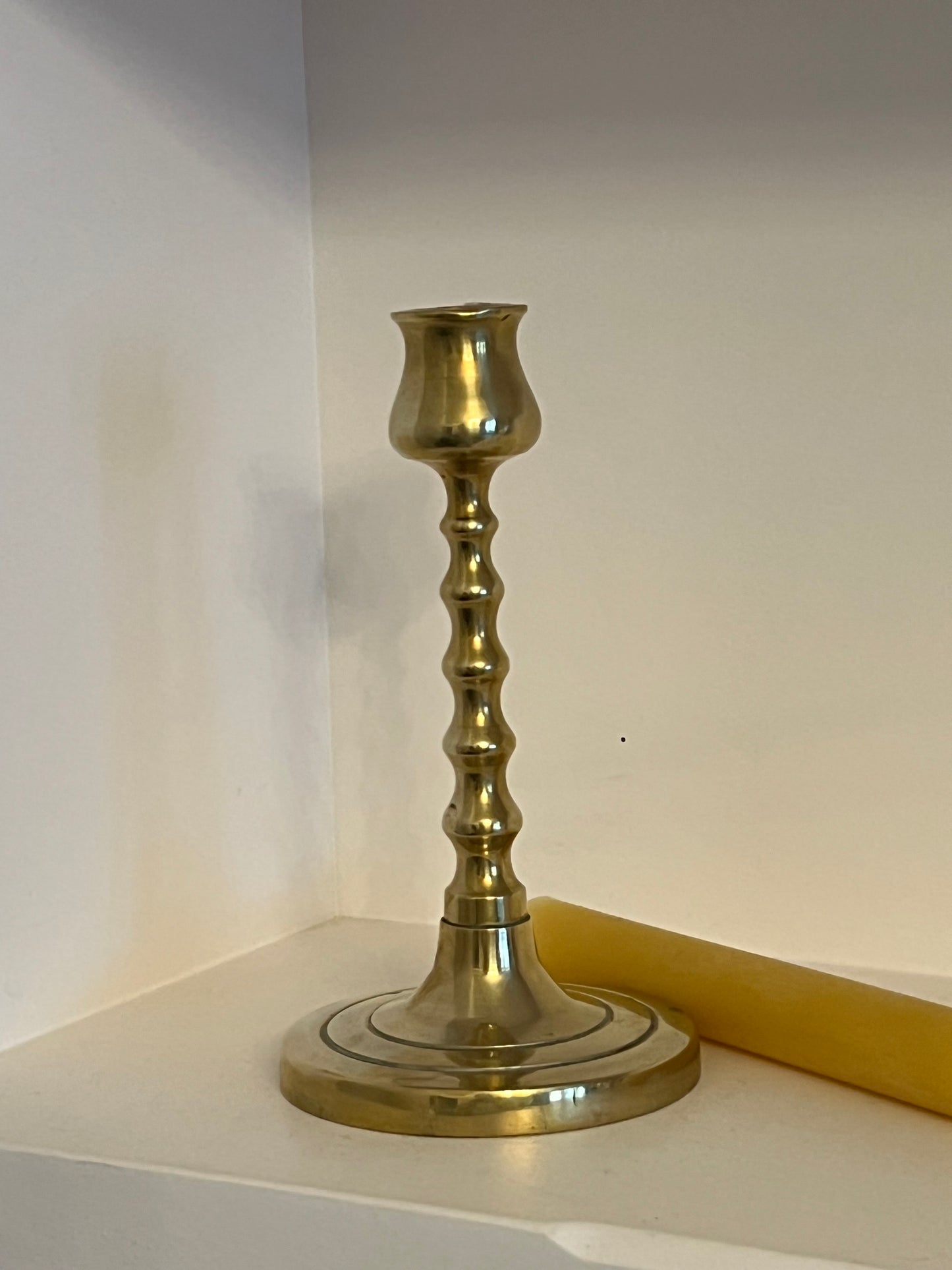 Five beautiful, unique antique candlestick holders with a matching pure London beeswax candle. Vintage brass candlestick gift. Dinner candle gift set. Eco beeswax candle gift. Unique gift set. Victorian ornate candle holder.