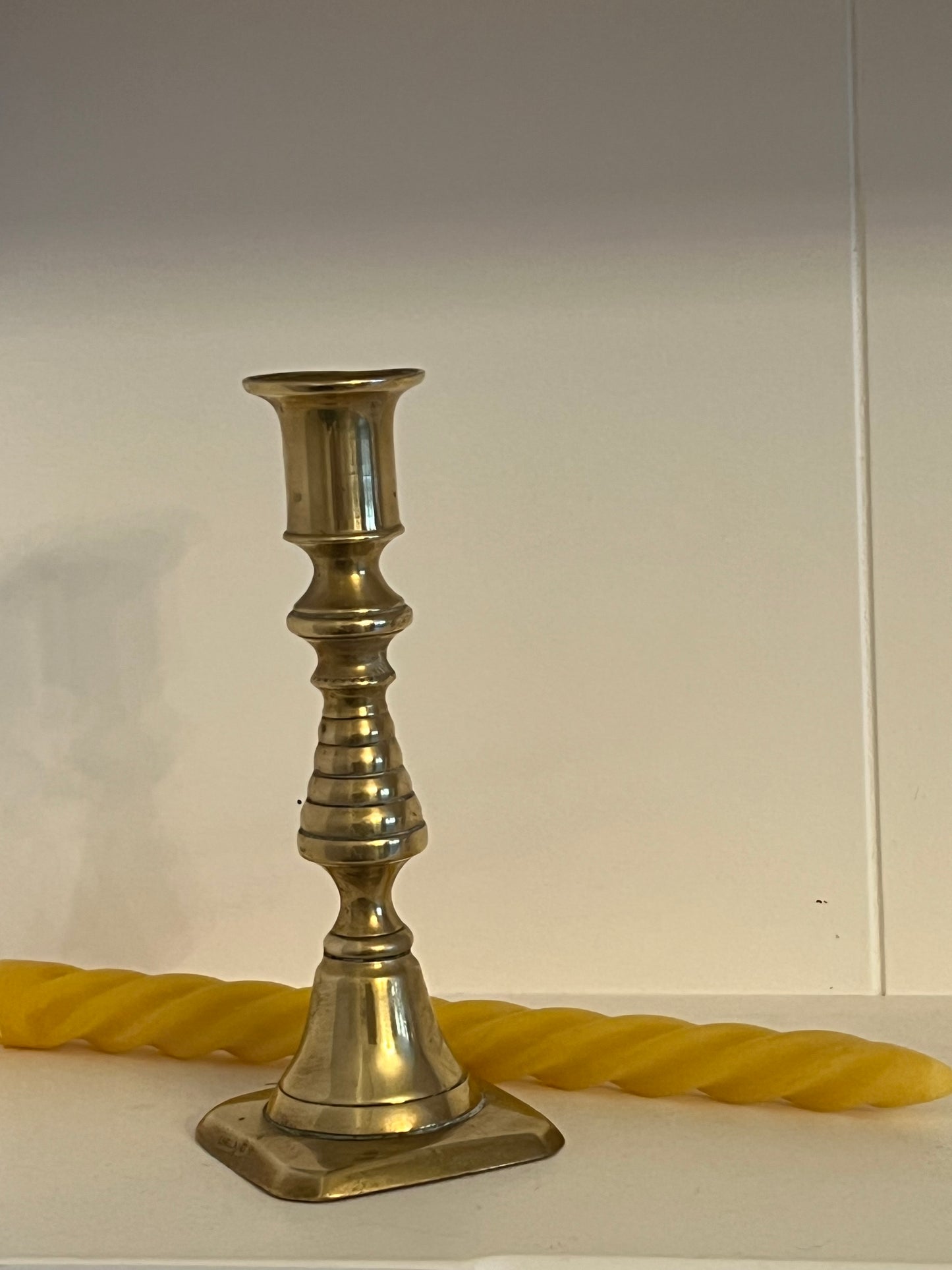 Five beautiful, unique antique candlestick holders with a matching pure London beeswax candle. Vintage brass candlestick gift. Dinner candle gift set. Eco beeswax candle gift. Unique gift set. Victorian ornate candle holder.