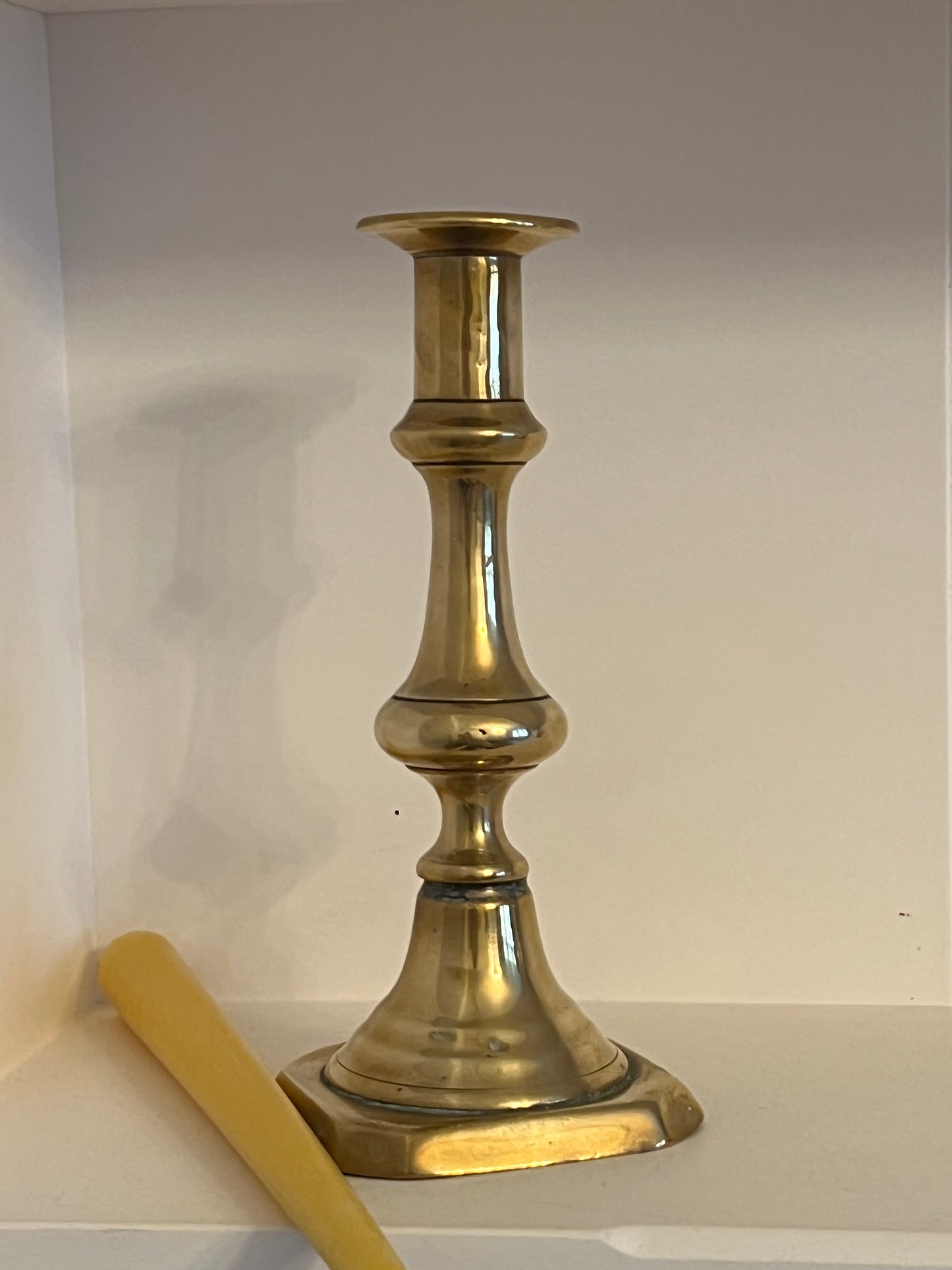 Five beautiful, unique antique candlestick holders with a matching pure London beeswax candle. Vintage brass candlestick gift. Dinner candle gift set. Eco beeswax candle gift. Unique gift set. Victorian ornate candle holder.