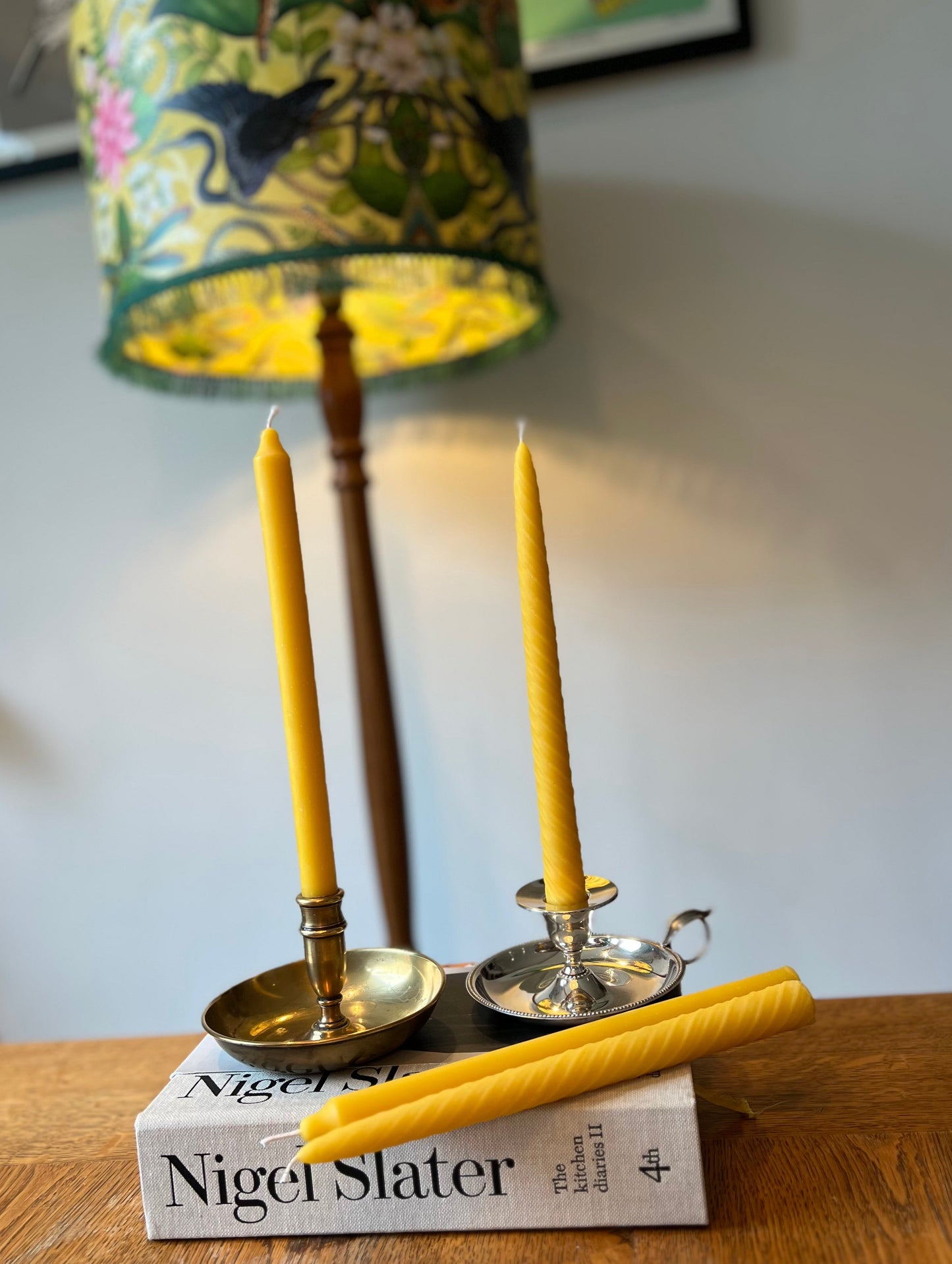 Two beautiful vintage chamber candlestick holders with 2 matching pure London beeswax candle gift set.  Wee willie winkie unique Christmas gift. Pure London Beeswax Candles Natural candles. Natural sustainable gift set