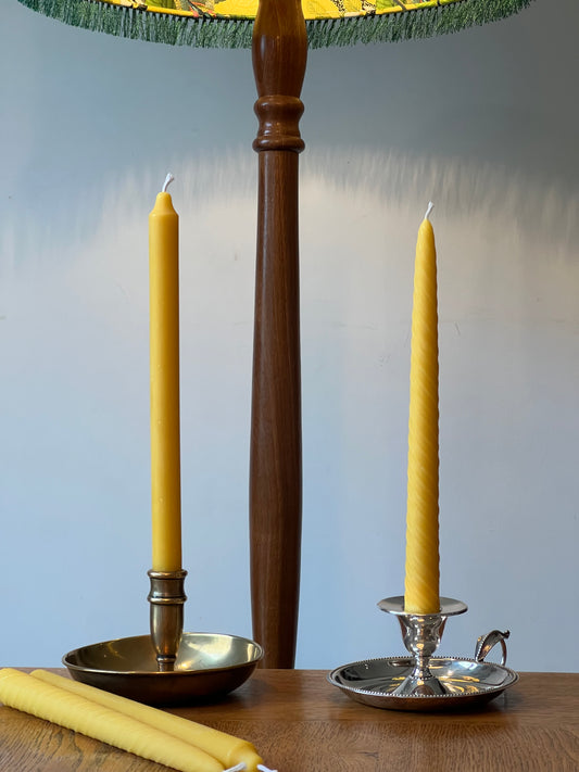 Two beautiful vintage chamber candlestick holders with 2 matching pure London beeswax candle gift set.  Wee willie winkie unique Christmas gift. Pure London Beeswax Candles Natural candles. Natural sustainable gift set