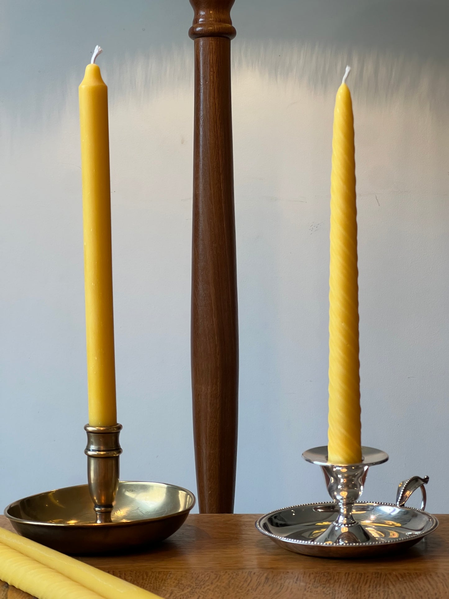 Two beautiful vintage chamber candlestick holders with 2 matching pure London beeswax candle gift set.  Wee willie winkie unique Christmas gift. Pure London Beeswax Candles Natural candles. Natural sustainable gift set