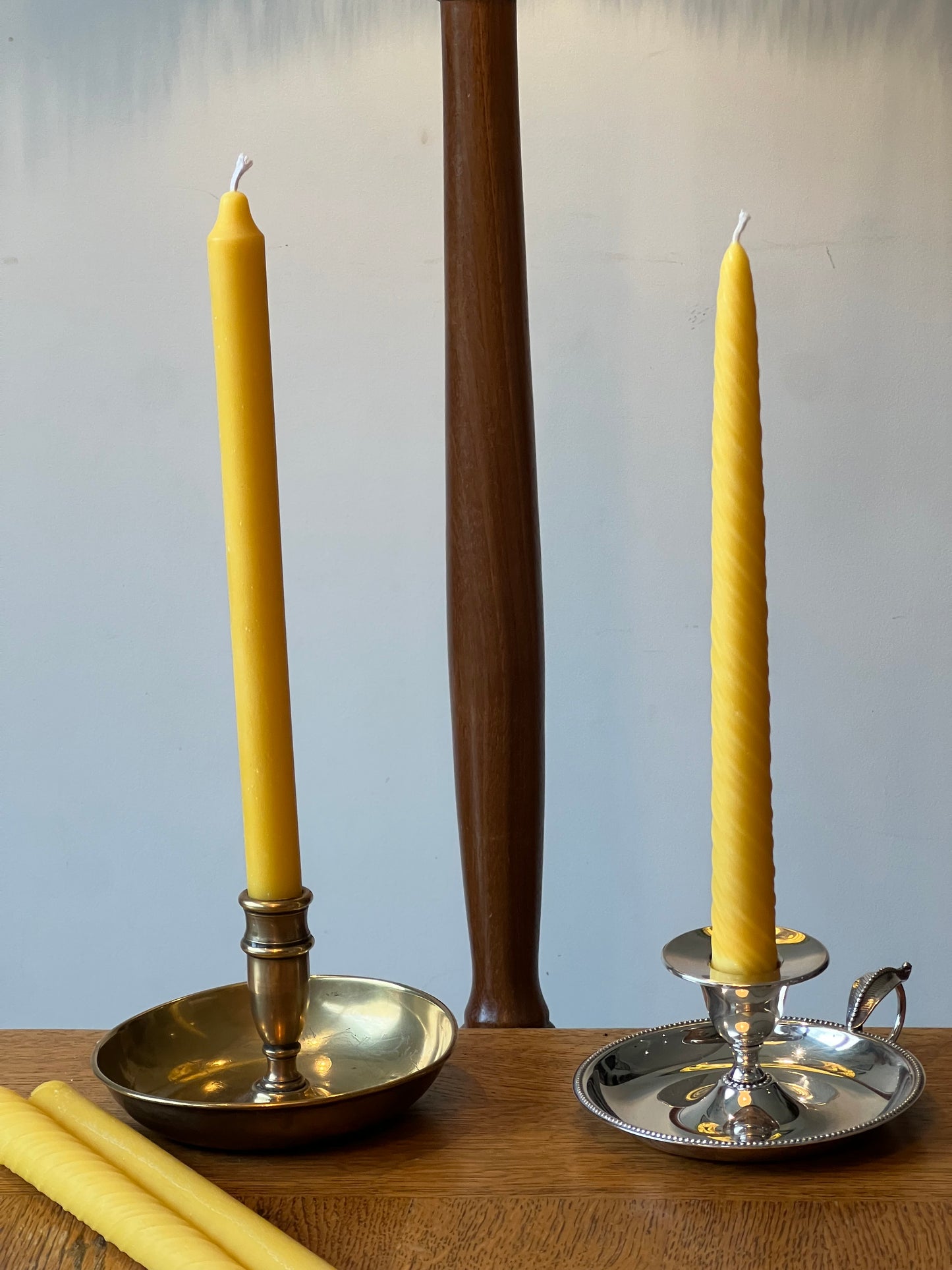 Two beautiful vintage chamber candlestick holders with 2 matching pure London beeswax candle gift set.  Wee willie winkie unique Christmas gift. Pure London Beeswax Candles Natural candles. Natural sustainable gift set
