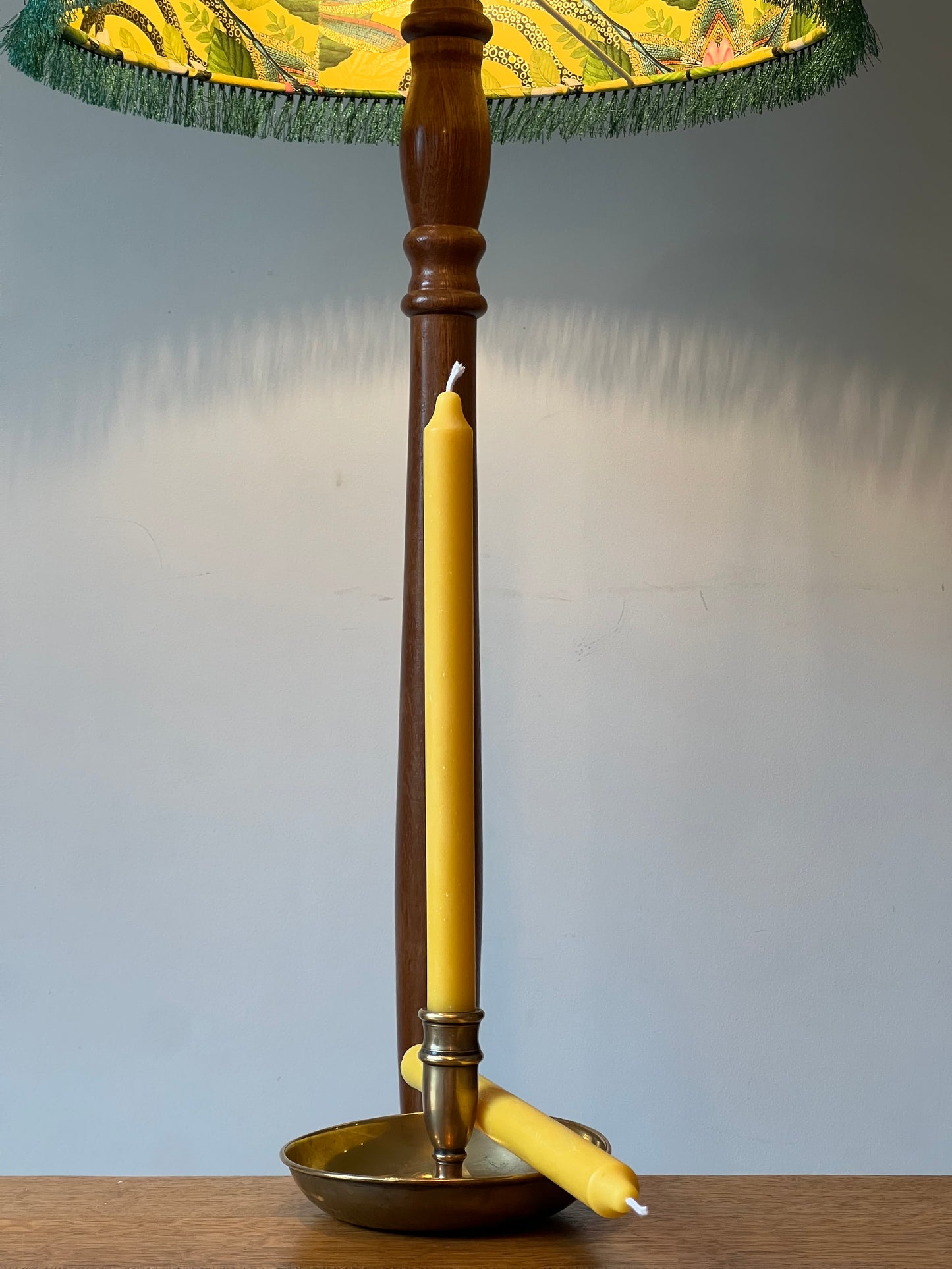 Two beautiful vintage chamber candlestick holders with 2 matching pure London beeswax candle gift set.  Wee willie winkie unique Christmas gift. Pure London Beeswax Candles Natural candles. Natural sustainable gift set