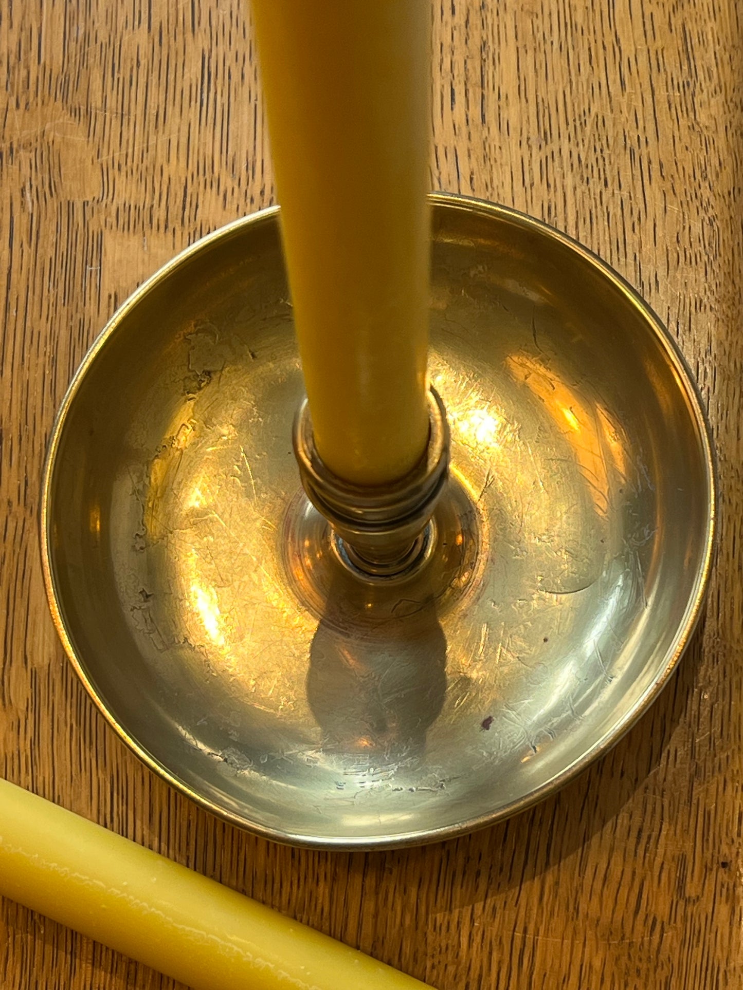 Two beautiful vintage chamber candlestick holders with 2 matching pure London beeswax candle gift set.  Wee willie winkie unique Christmas gift. Pure London Beeswax Candles Natural candles. Natural sustainable gift set