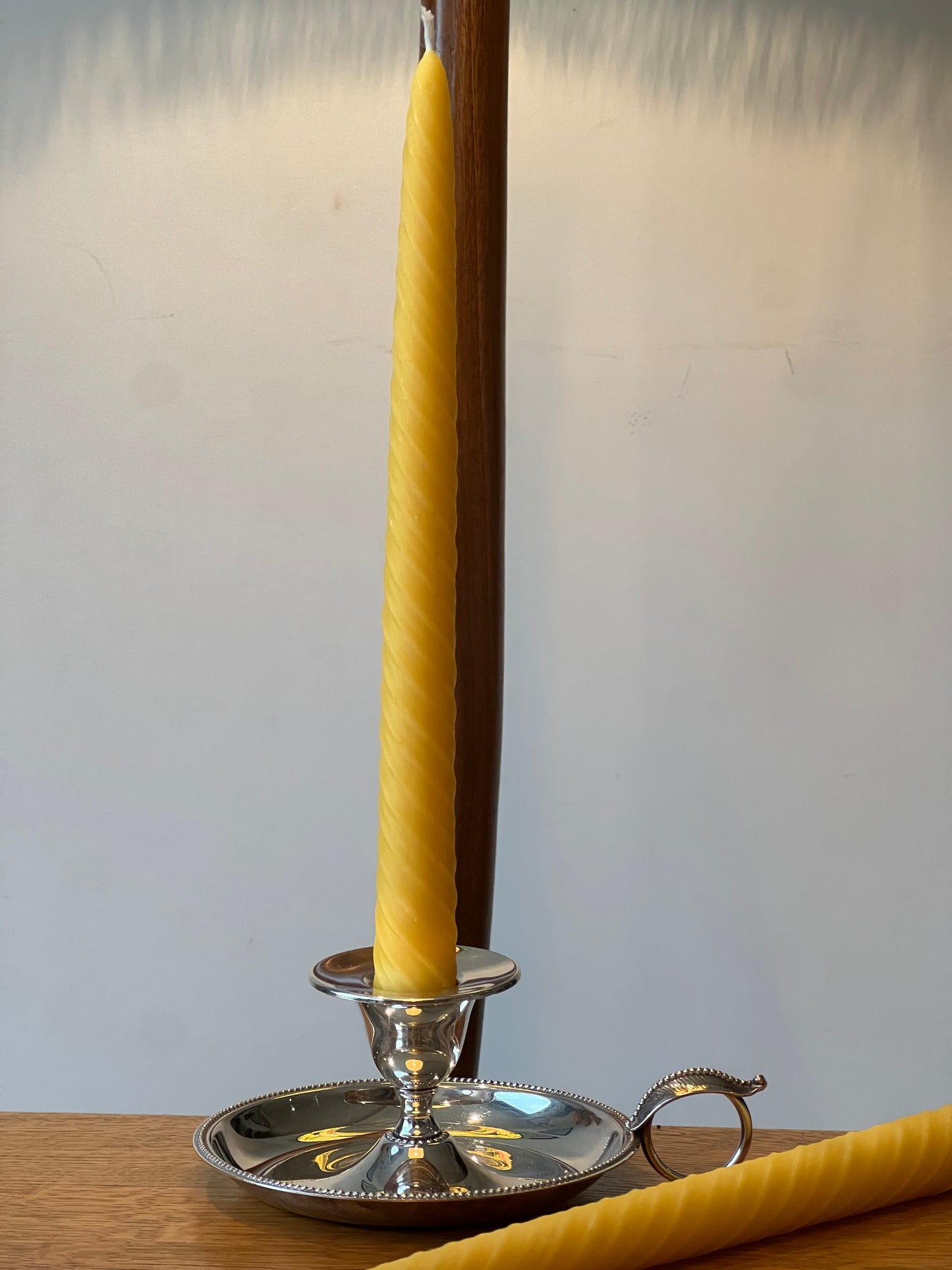 Two beautiful vintage chamber candlestick holders with 2 matching pure London beeswax candle gift set.  Wee willie winkie unique Christmas gift. Pure London Beeswax Candles Natural candles. Natural sustainable gift set