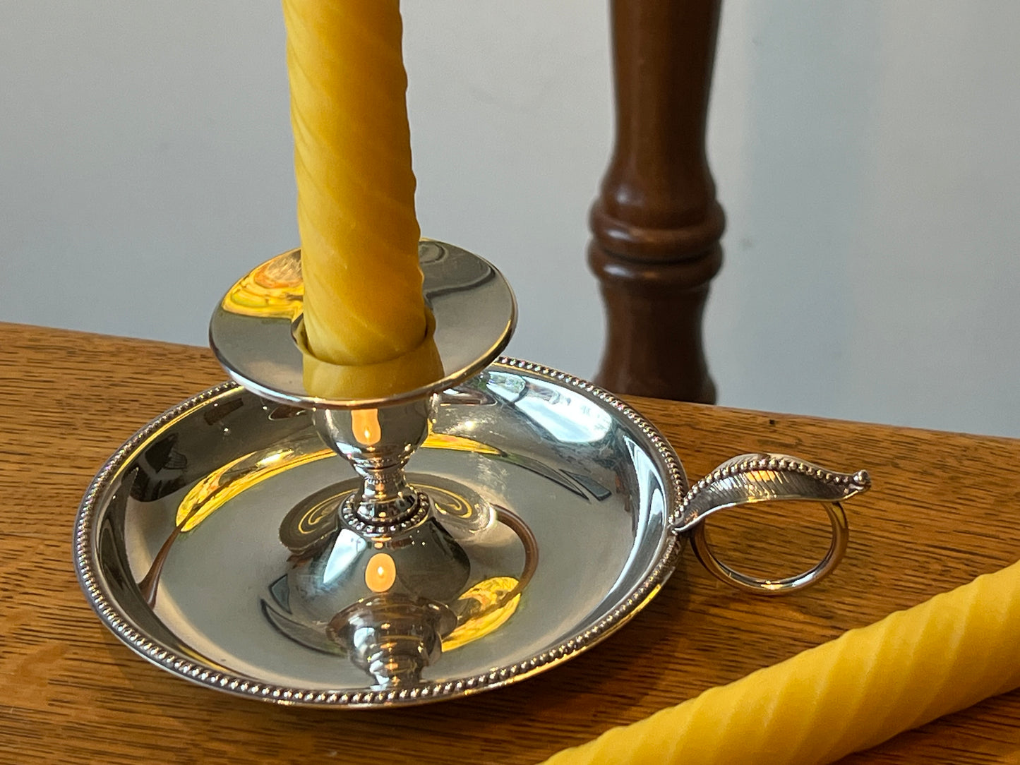 Two beautiful vintage chamber candlestick holders with 2 matching pure London beeswax candle gift set.  Wee willie winkie unique Christmas gift. Pure London Beeswax Candles Natural candles. Natural sustainable gift set