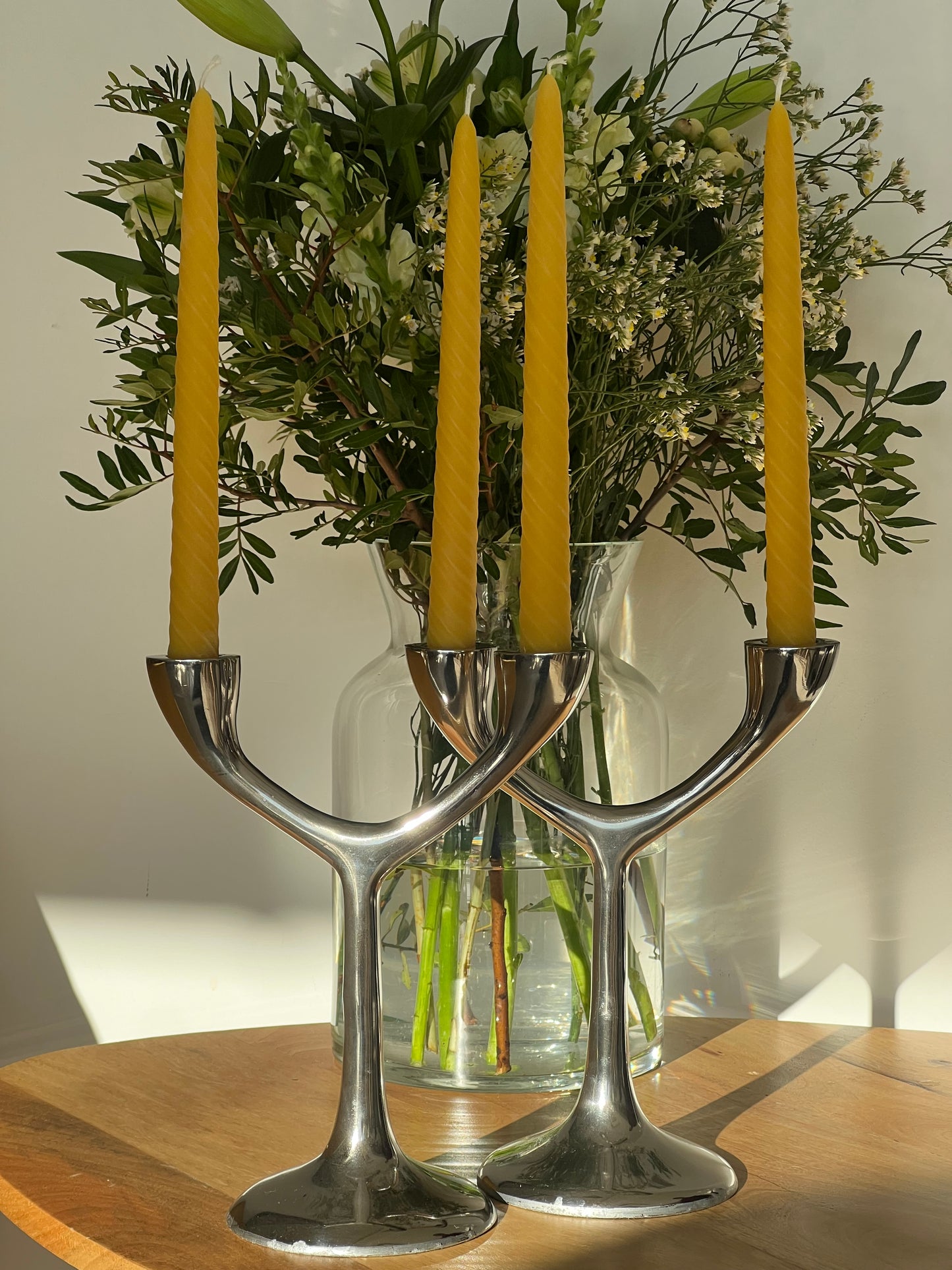 A Beautiful Vintage Pair of Cast Aluminium 2 Arm Tree Candlesticks (1970s) with 4 matching London Beeswax Dinner Candles. Dinner candle gift set. Eco beeswax candle gift. Unique gift set
