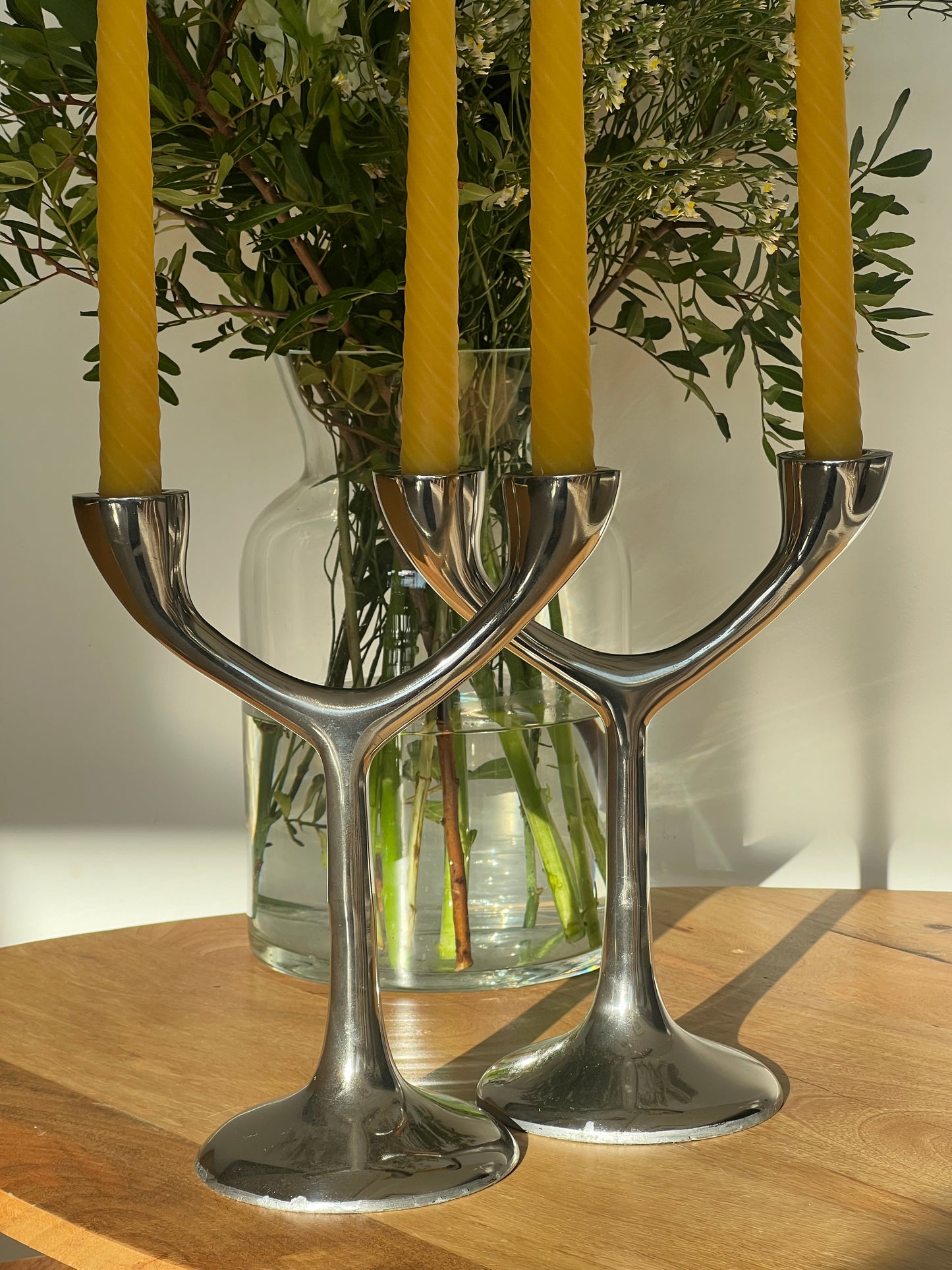 A Beautiful Vintage Pair of Cast Aluminium 2 Arm Tree Candlesticks (1970s) with 4 matching London Beeswax Dinner Candles. Dinner candle gift set. Eco beeswax candle gift. Unique gift set
