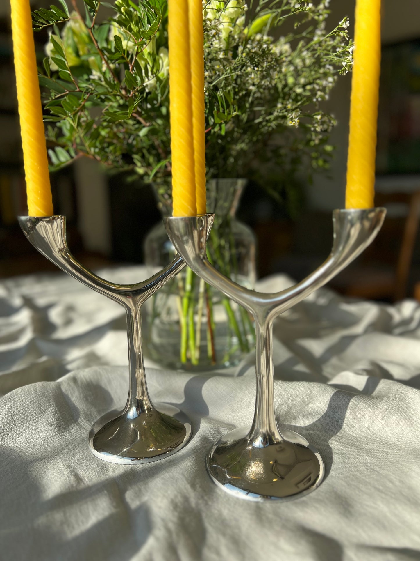 A Beautiful Vintage Pair of Cast Aluminium 2 Arm Tree Candlesticks (1970s) with 4 matching London Beeswax Dinner Candles. Dinner candle gift set. Eco beeswax candle gift. Unique gift set