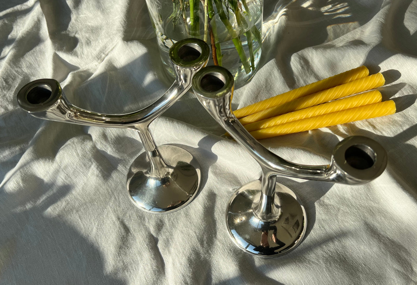 A Beautiful Vintage Pair of Cast Aluminium 2 Arm Tree Candlesticks (1970s) with 4 matching London Beeswax Dinner Candles. Dinner candle gift set. Eco beeswax candle gift. Unique gift set