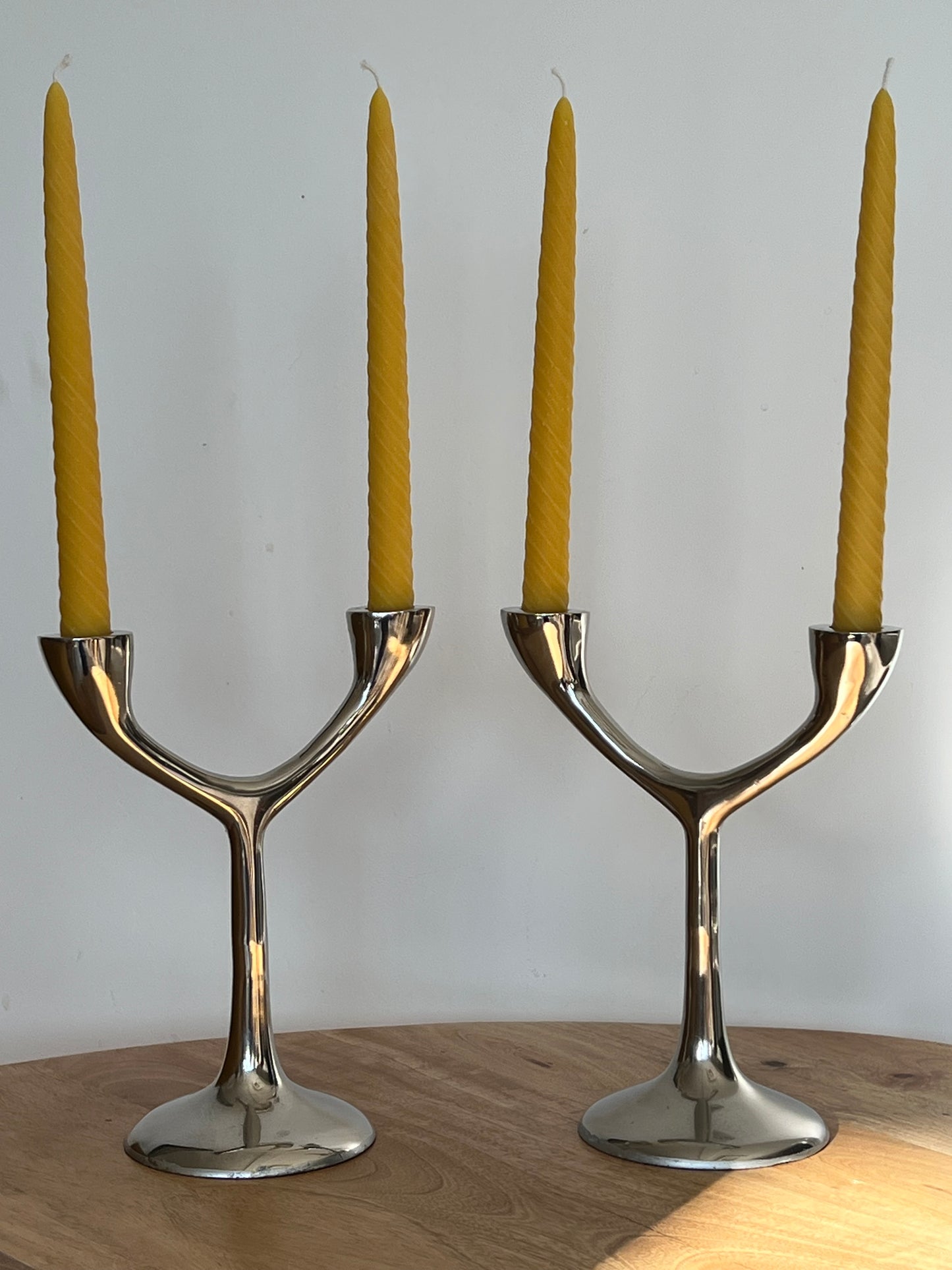 A Beautiful Vintage Pair of Cast Aluminium 2 Arm Tree Candlesticks (1970s) with 4 matching London Beeswax Dinner Candles. Dinner candle gift set. Eco beeswax candle gift. Unique gift set