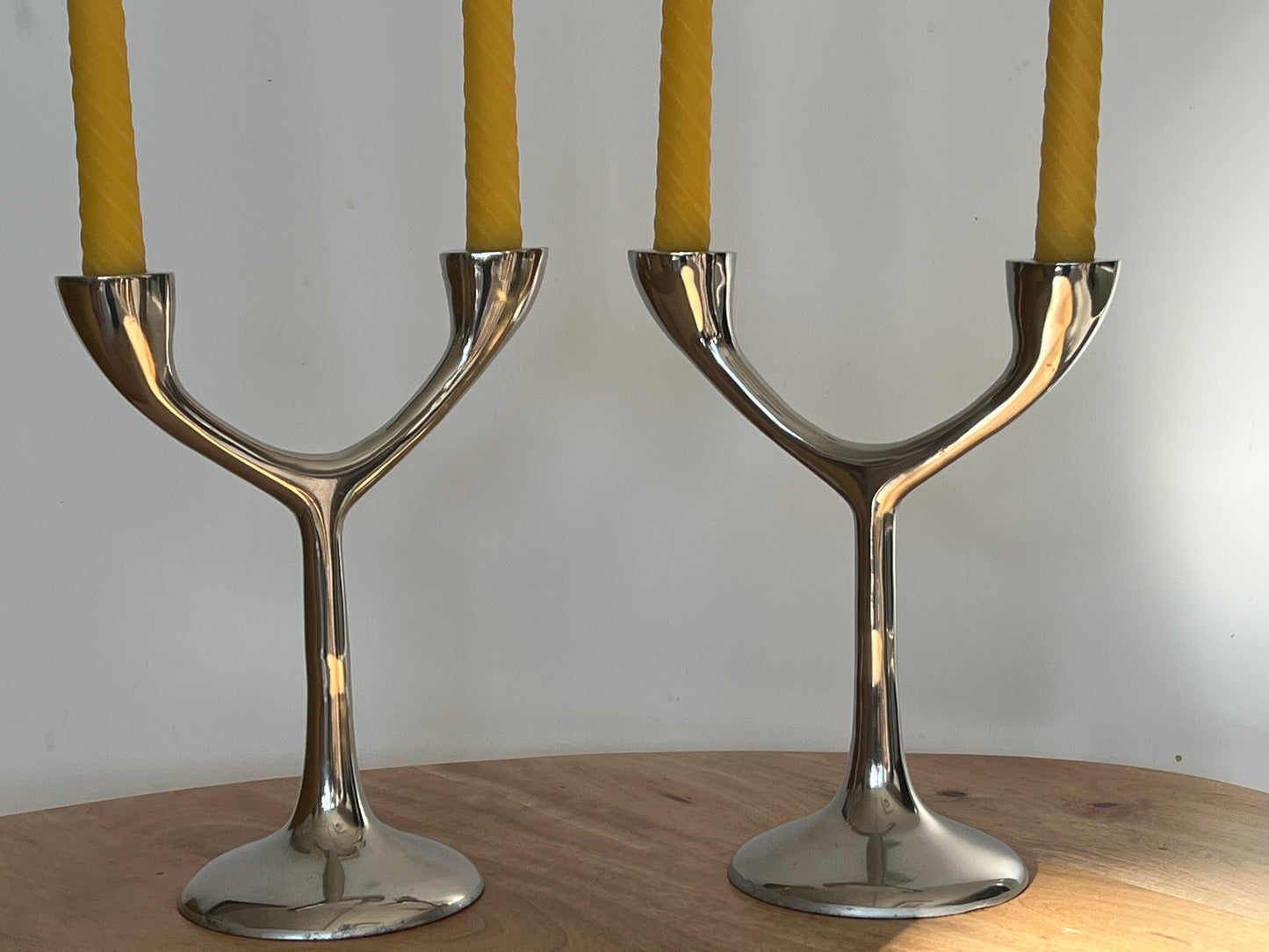 A Beautiful Vintage Pair of Cast Aluminium 2 Arm Tree Candlesticks (1970s) with 4 matching London Beeswax Dinner Candles. Dinner candle gift set. Eco beeswax candle gift. Unique gift set