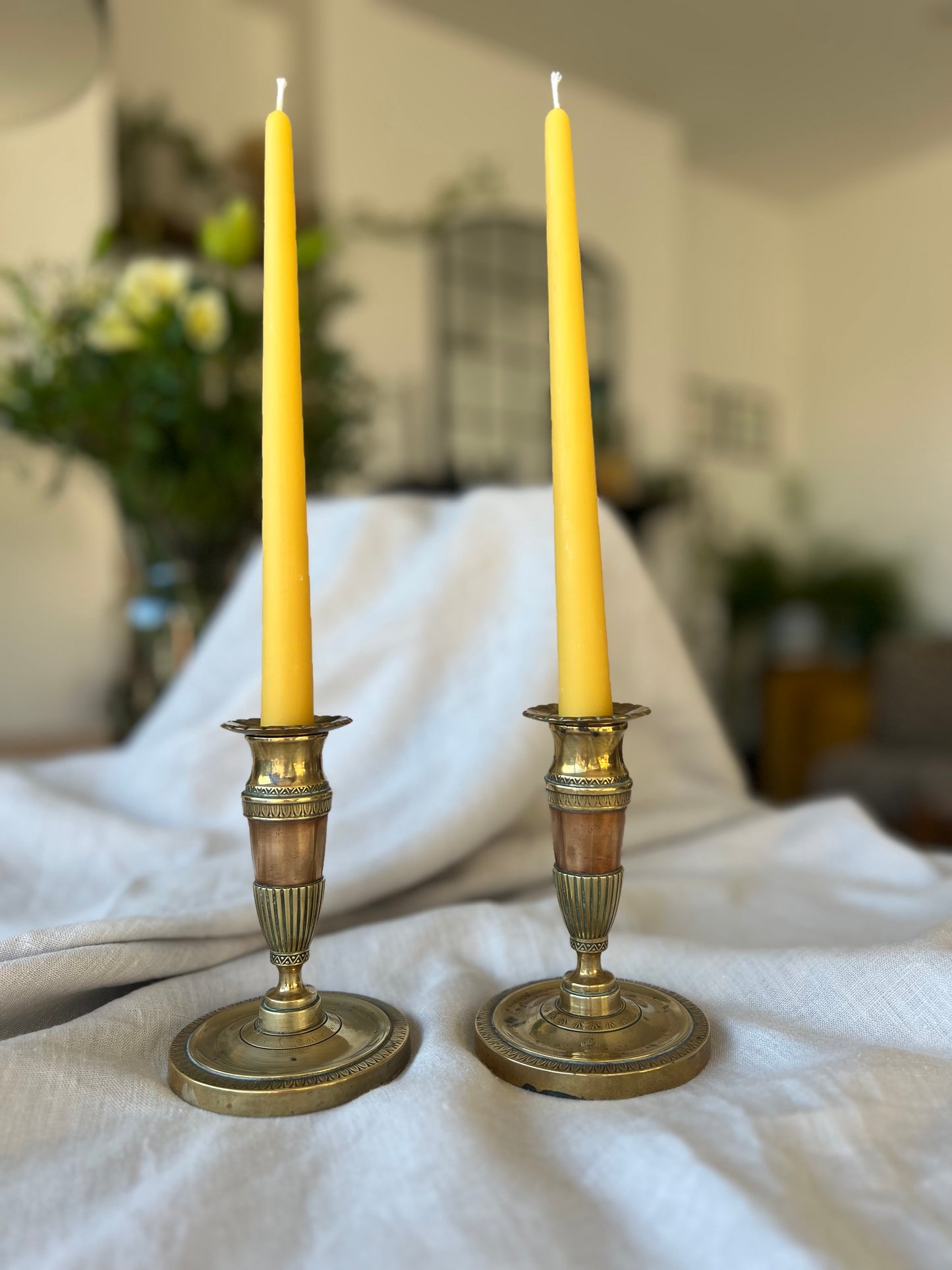 Pair of early 1900s antique W.S. & Sons Birmingham brass and copper candlestick holders with matching beeswax dinner candle gift set, Antique candle gift set, Unique Christmas gift