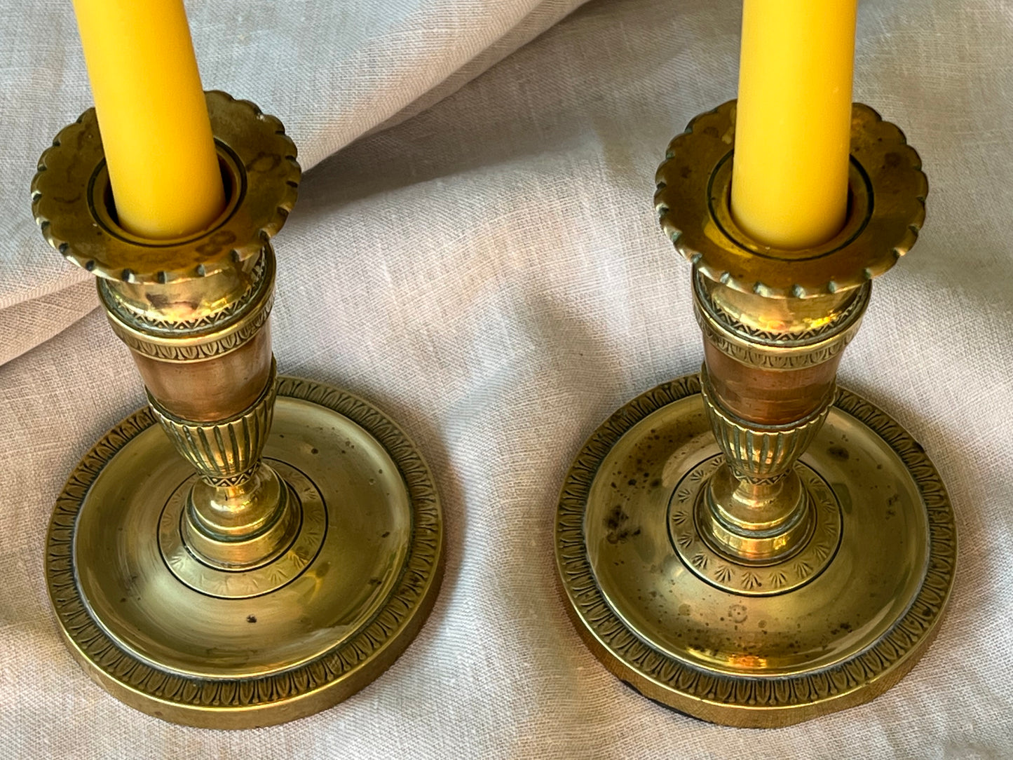 Pair of early 1900s antique W.S. & Sons Birmingham brass and copper candlestick holders with matching beeswax dinner candle gift set, Antique candle gift set, Unique Christmas gift