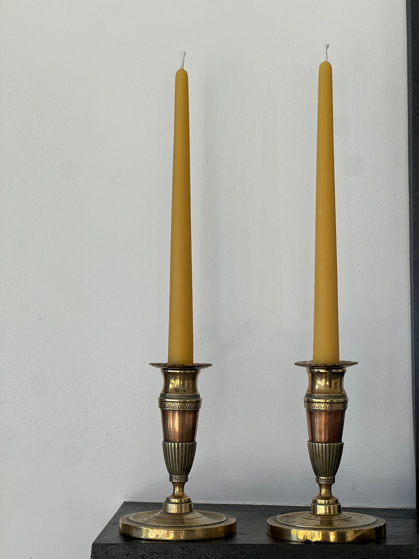 Pair of early 1900s antique W.S. & Sons Birmingham brass and copper candlestick holders with matching beeswax dinner candle gift set, Antique candle gift set, Unique Christmas gift
