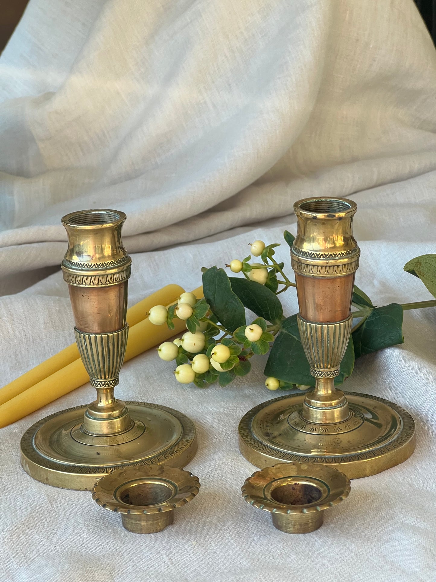 Pair of early 1900s antique W.S. & Sons Birmingham brass and copper candlestick holders with matching beeswax dinner candle gift set, Antique candle gift set, Unique Christmas gift