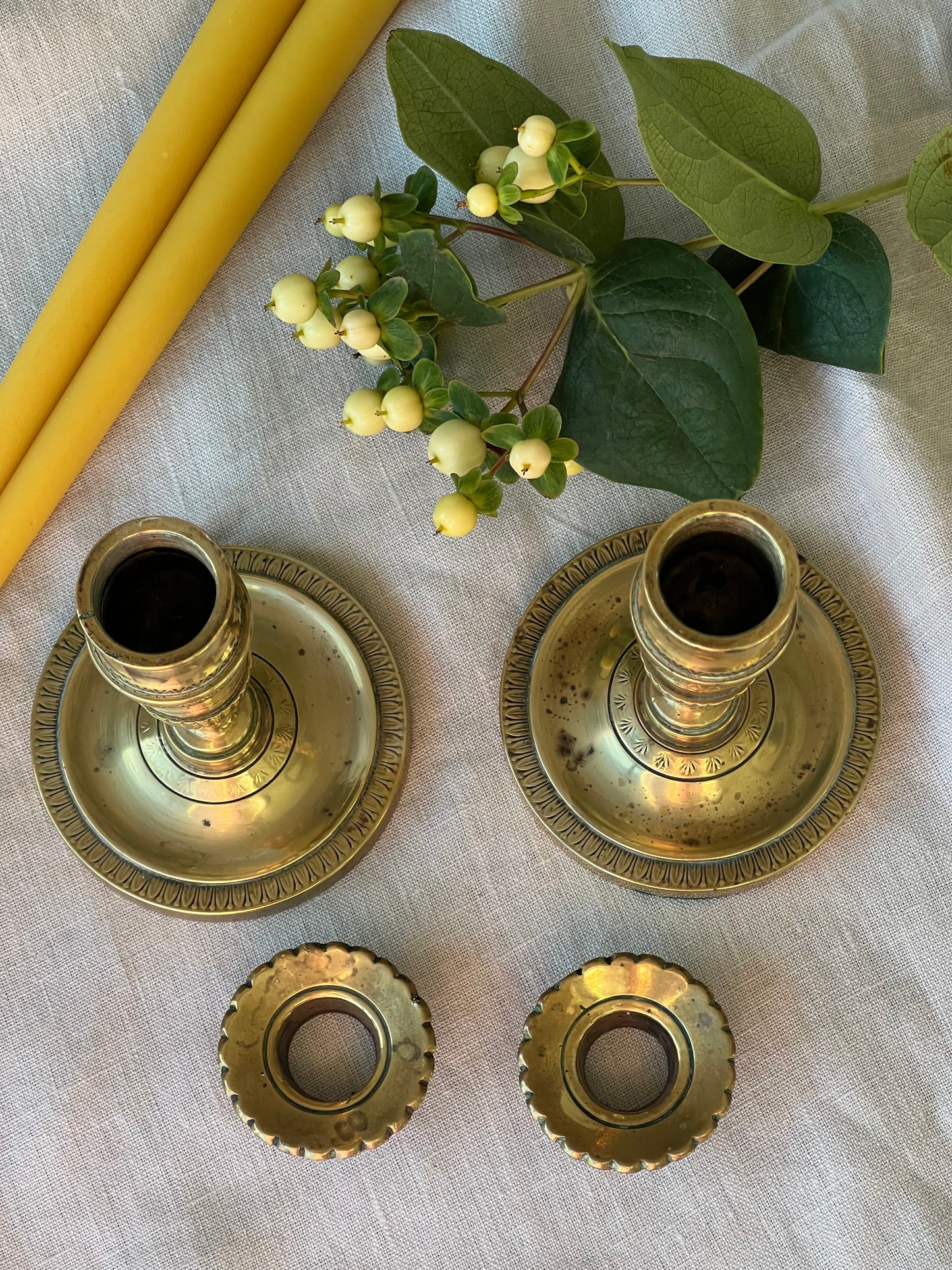 Pair of early 1900s antique W.S. & Sons Birmingham brass and copper candlestick holders with matching beeswax dinner candle gift set, Antique candle gift set, Unique Christmas gift