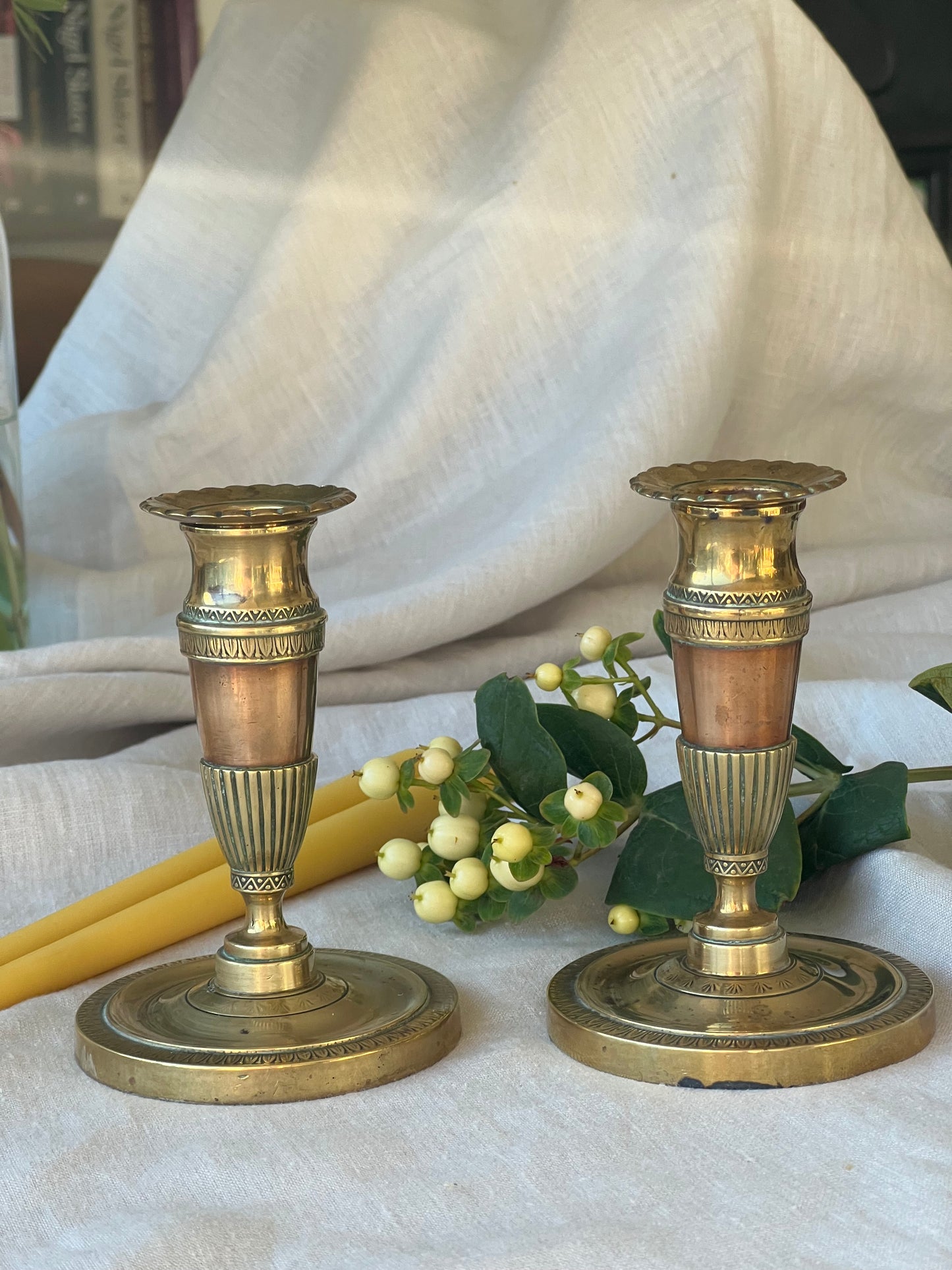 Pair of early 1900s antique W.S. & Sons Birmingham brass and copper candlestick holders with matching beeswax dinner candle gift set, Antique candle gift set, Unique Christmas gift