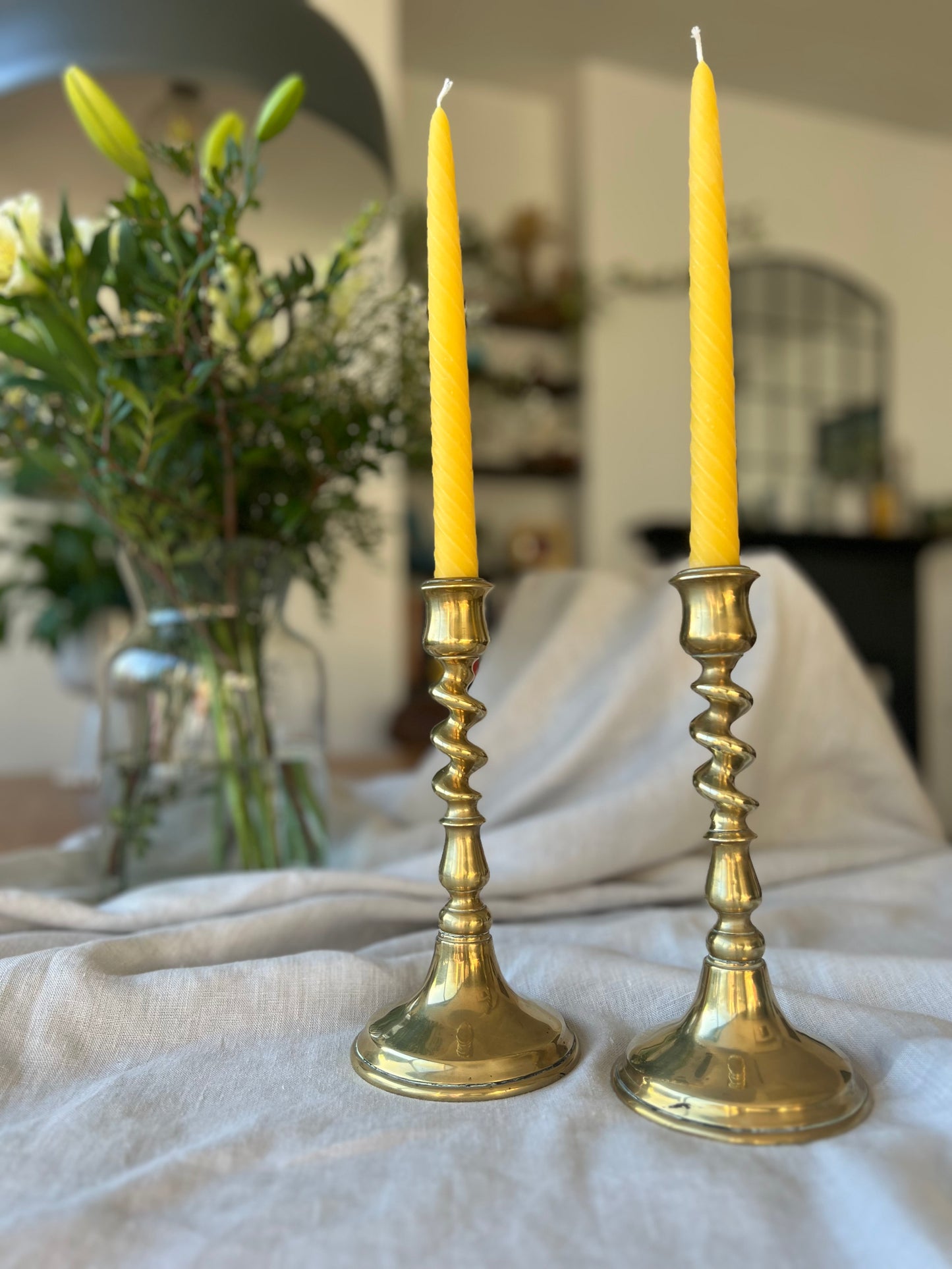 Charming pair of antique brass twist candlesticks with 2 pure London beeswax slow burning lightly spiralled dinner candles. Unique candle gift set.  Perfect Christmas gift