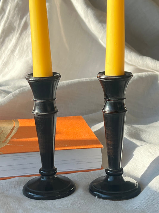 Antique Ebony Wood Candlesticks – Pair, Edwardian c.1900, Turned Wooden Candle Holders with 2 London Beeswax Dinner Candles, Vintage Home Decor. Candle Holder Gift S