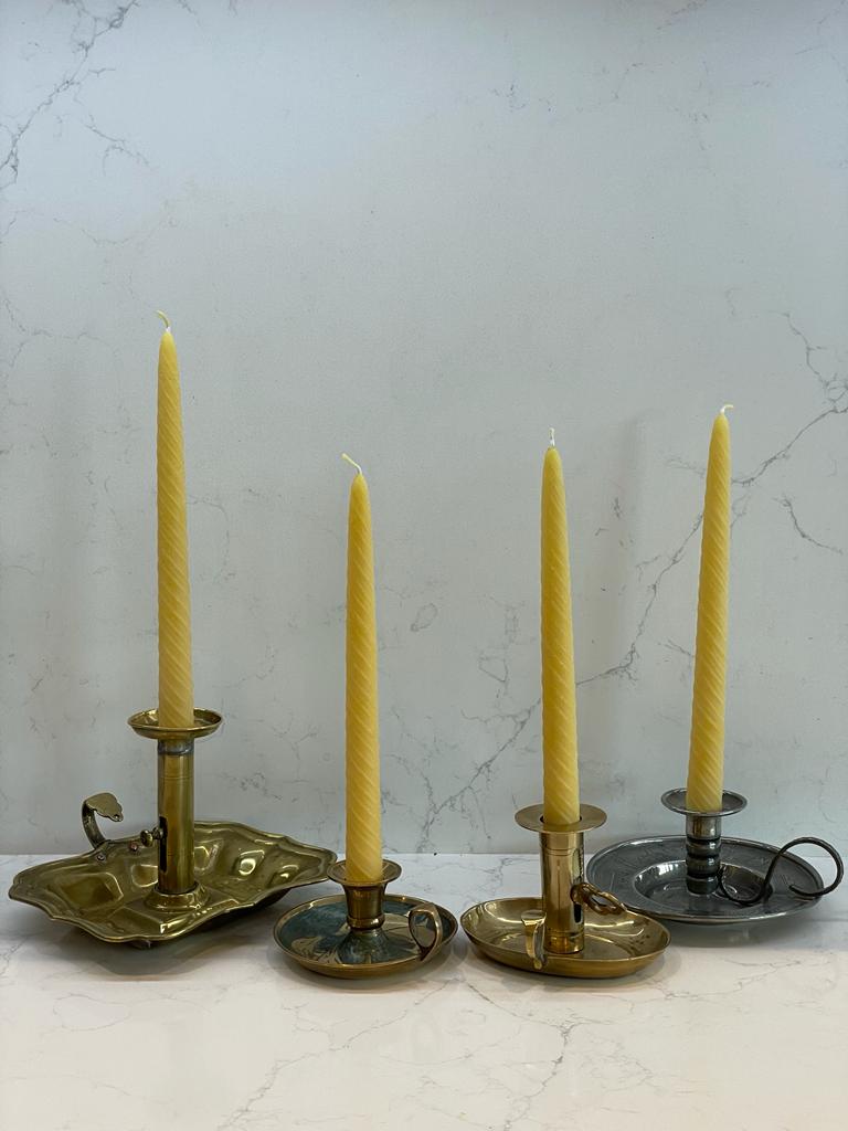 Four beautiful vintage chamber candlestick holder with 2 matching pure London beeswax candle. Vintage wee willie winkie gift. Dinner candle gift set. Eco beeswax candle gift. Unique gift set. Mantel candlesticks.