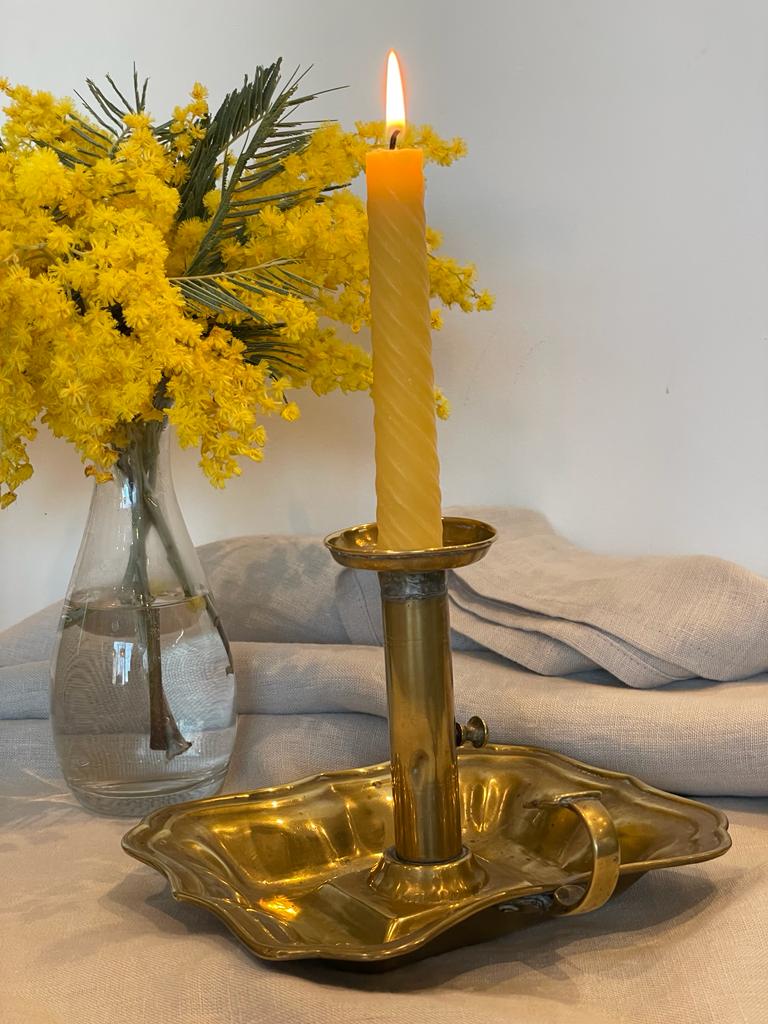 Four beautiful vintage chamber candlestick holder with 2 matching pure London beeswax candle. Vintage wee willie winkie gift. Dinner candle gift set. Eco beeswax candle gift. Unique gift set. Mantel candlesticks.