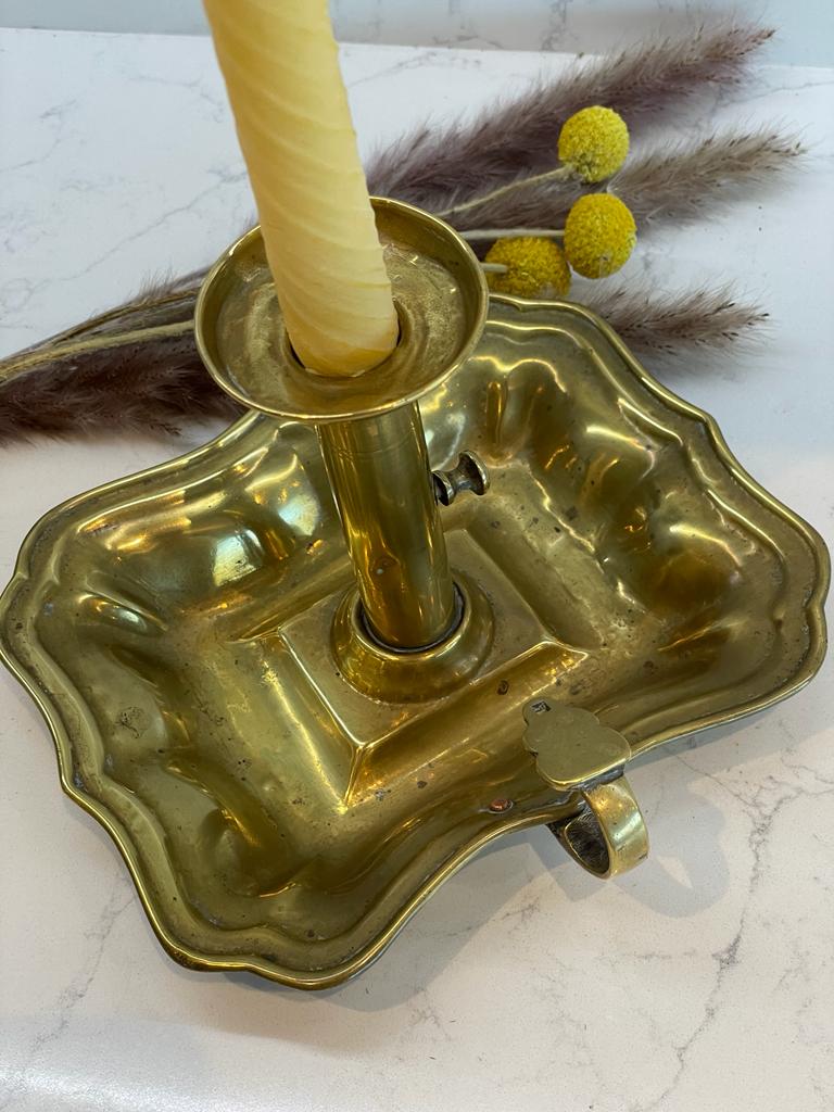 Four beautiful vintage chamber candlestick holder with 2 matching pure London beeswax candle. Vintage wee willie winkie gift. Dinner candle gift set. Eco beeswax candle gift. Unique gift set. Mantel candlesticks.