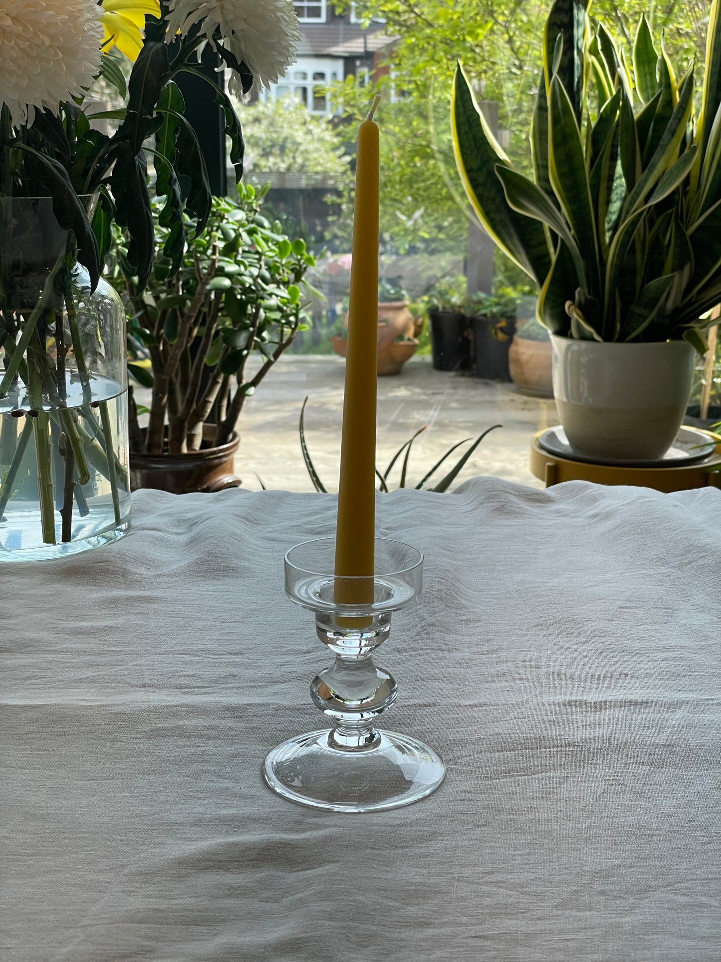 Elegant glass candlestick with 2 matching pure London beeswax candles. Table centrepiece. Summer dining. Summer tablescapes. Stunning wedding gift. Dinner candle gift set. Eco beeswax candle gift. Mantel candlestick.