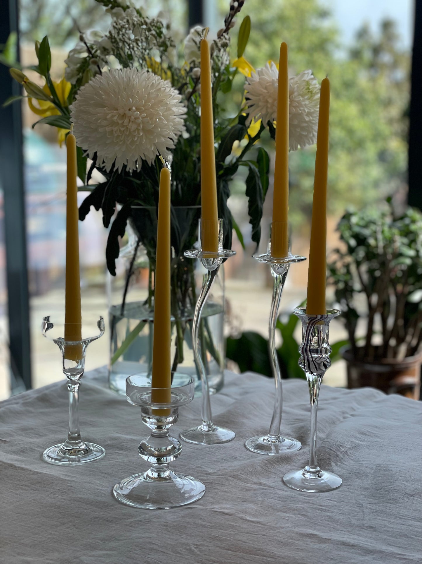 Elegant glass candlestick with 2 matching pure London beeswax candles. Table centrepiece. Summer dining. Summer tablescapes. Stunning wedding gift. Dinner candle gift set. Eco beeswax candle gift. Mantel candlestick.