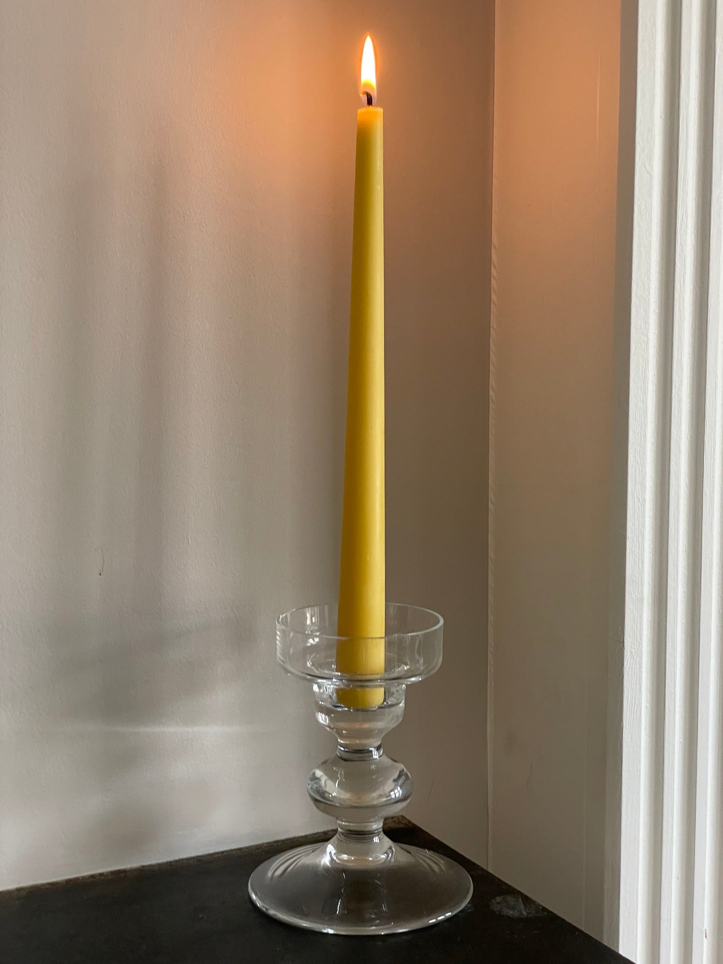 Elegant glass candlestick with 2 matching pure London beeswax candles. Table centrepiece. Summer dining. Summer tablescapes. Stunning wedding gift. Dinner candle gift set. Eco beeswax candle gift. Mantel candlestick.