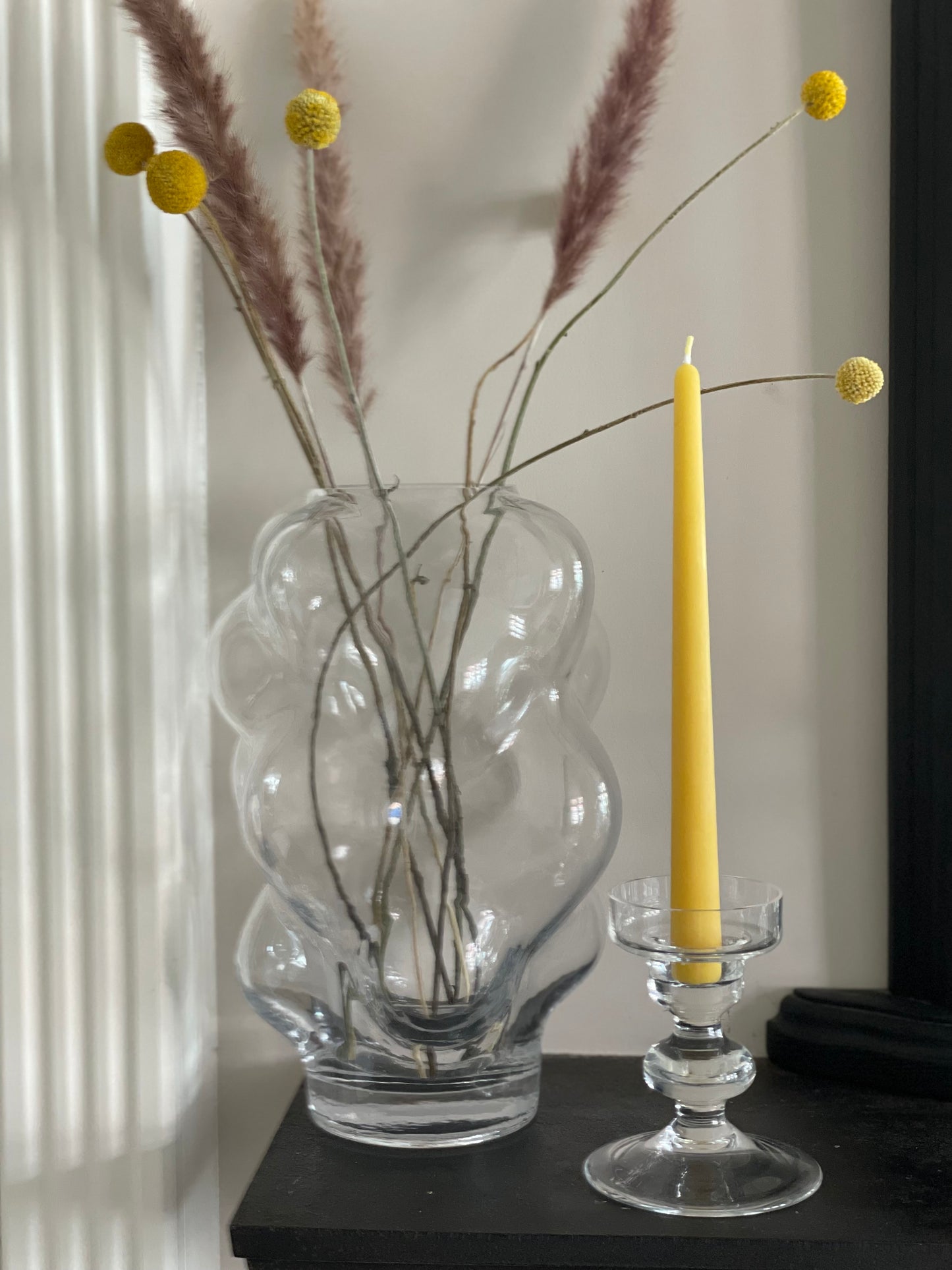 Elegant glass candlestick with 2 matching pure London beeswax candles. Table centrepiece. Summer dining. Summer tablescapes. Stunning wedding gift. Dinner candle gift set. Eco beeswax candle gift. Mantel candlestick.