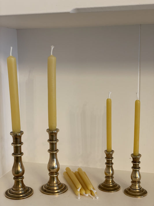 Two beautiful pairs of vintage brass mini candlestick holders with matching petite pure beeswax dinner candle gift set, Vintage brass decor, Thin beeswax taper candles, Hygge, Unique Christmas gift