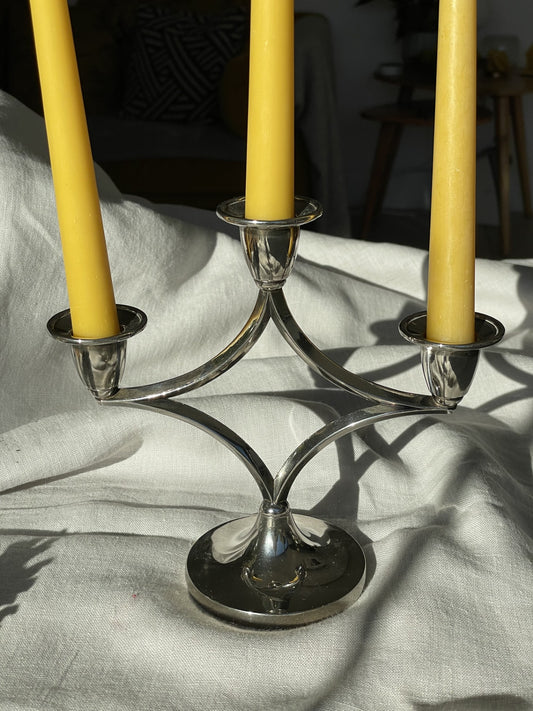 Beautiful, elegant white metal candelabra with 3 pure London beeswax dinner candles. Vintage candle gift set. Unique Christmas gift. Candle light, Unique Christmas gift