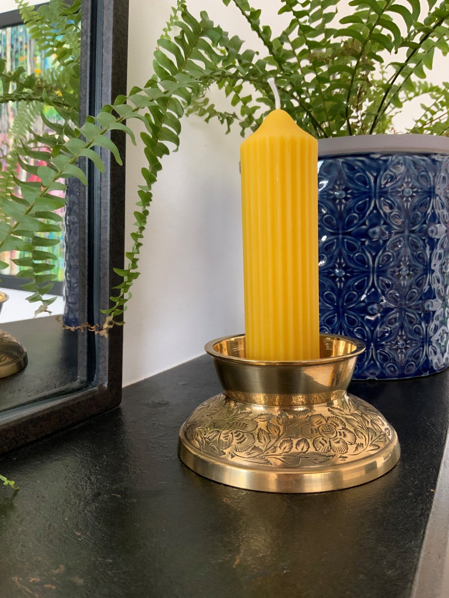 Unique vintage solid brass ornate pillar candle holder with 3 pure London beeswax fluted pillar candles, Candle gift, Candle light