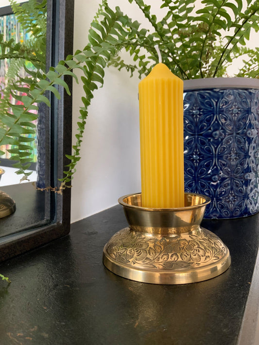 Unique vintage solid brass ornate pillar candle holder with 3 pure London beeswax fluted pillar candles, Candle gift, Candle light