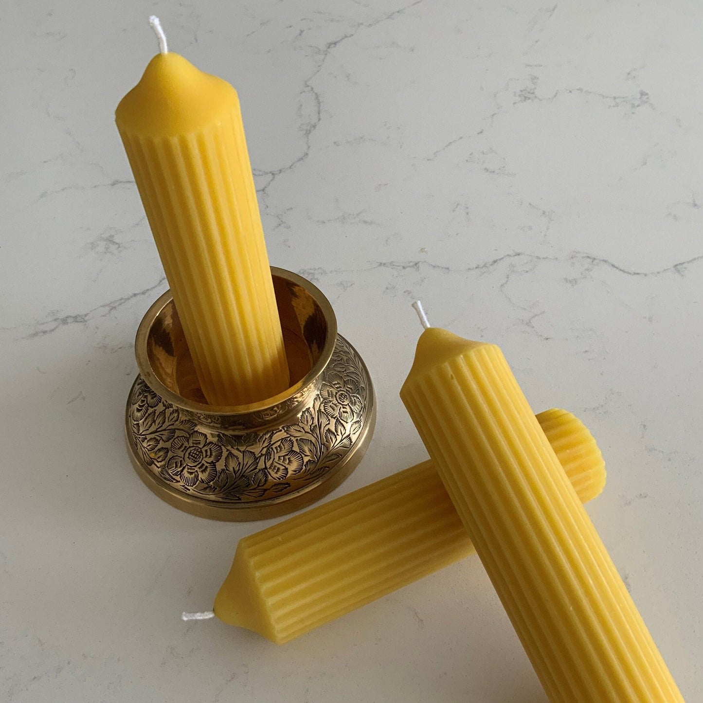 Unique vintage solid brass ornate pillar candle holder with 3 pure London beeswax fluted pillar candles, Candle gift, Candle light