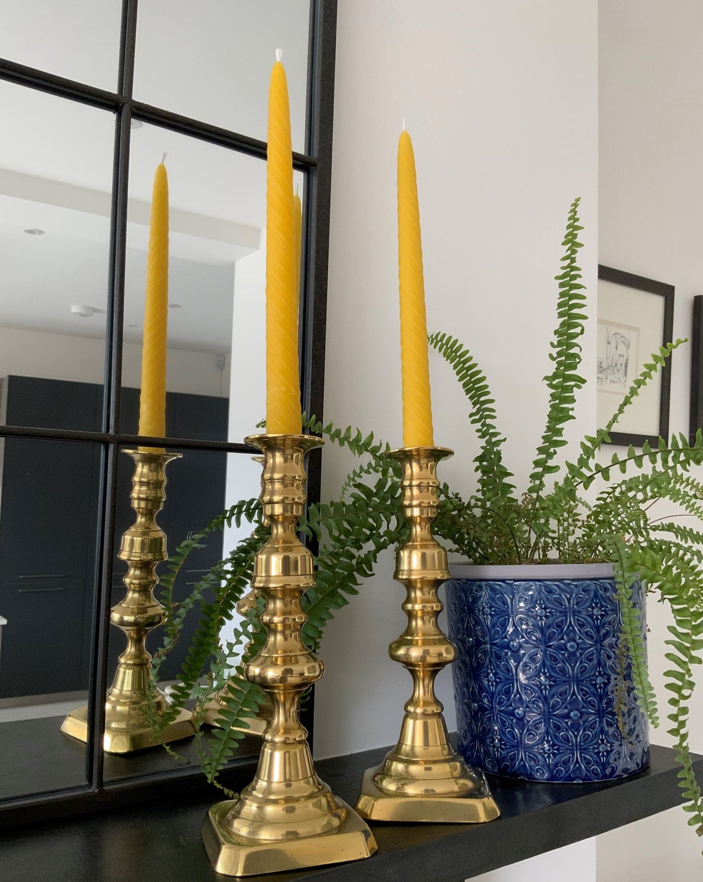 A beautiful pair of large antique Victorian brass candlesticks with 2 matching 100% London Beeswax Candles. Vintage polished brass holders